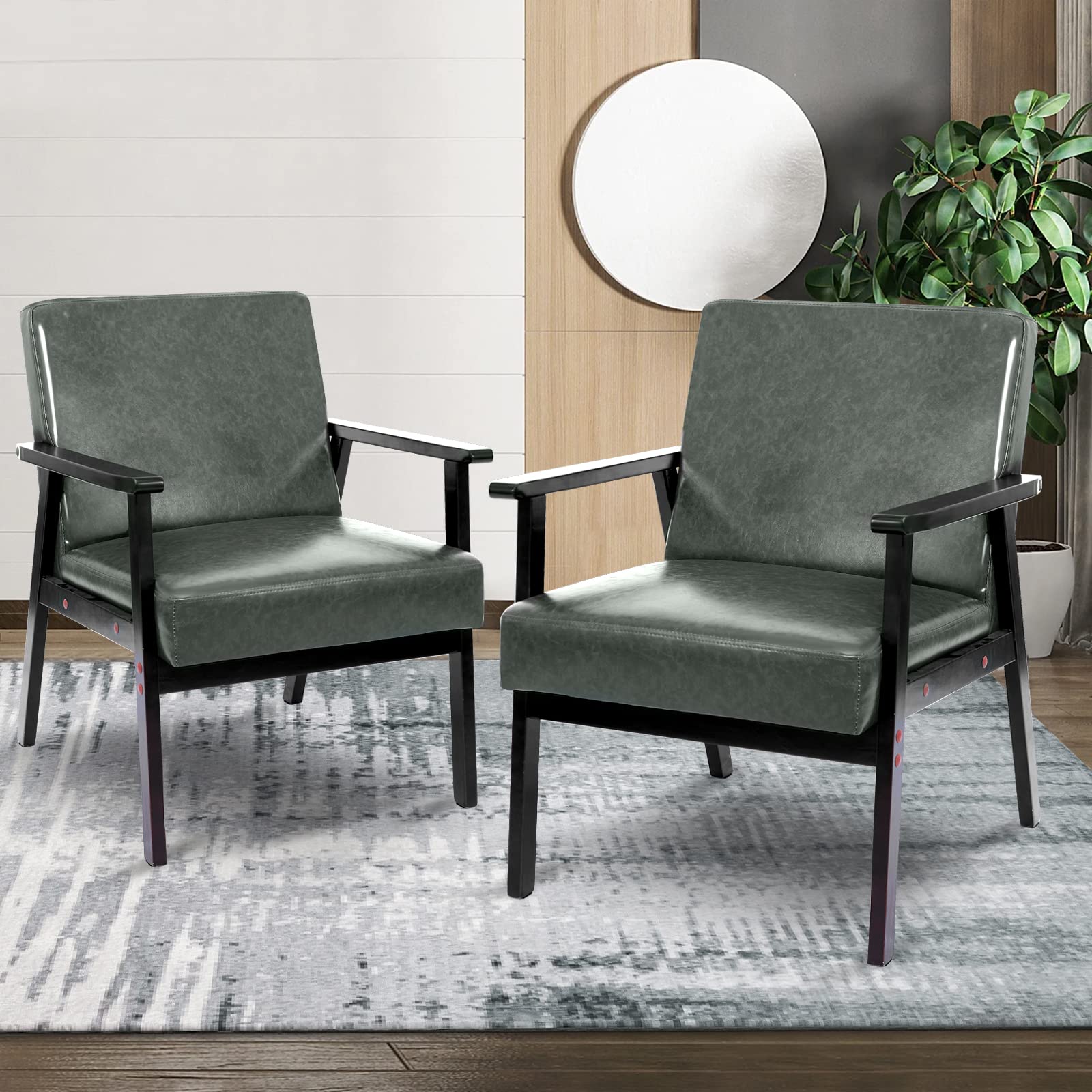 Mid Century Modern Faux Leather Armchair Set of 2 - Solid Wood Frame Accent Chairs with Upholstered Seat, Low Lounge Chair for Living Room, Bedroom or Home Office - Green Velvet Fabric - Perfect for Reading Nook, Cozy Corner & Small Space Decor