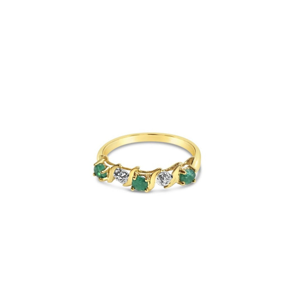 Emerald and Diamond Ring 0.15cttw 10k Yellow Gold - Elegant S-Shaped Design for Women, Perfect for Engagement, Anniversary & Special Occasions