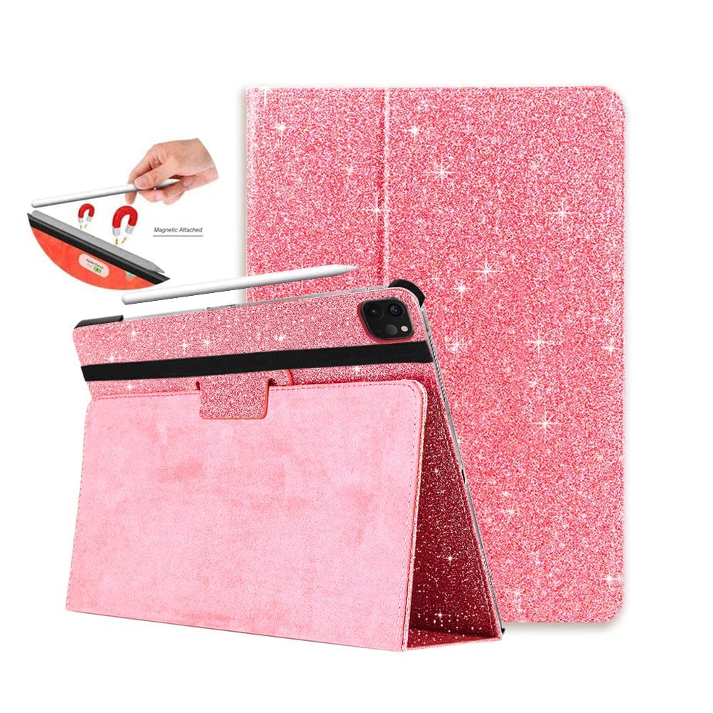 2024 iPad Air 13 inch & iPad Pro 12.9 Case (6th/5th/4th/3rd Gen) - Glitter Protective Cover with Pencil Charging, Folio Kickstand, Auto Sleep/Wake, Hand Strap - Slim Smart Case in Pink - Perfect for Work, School & Travel