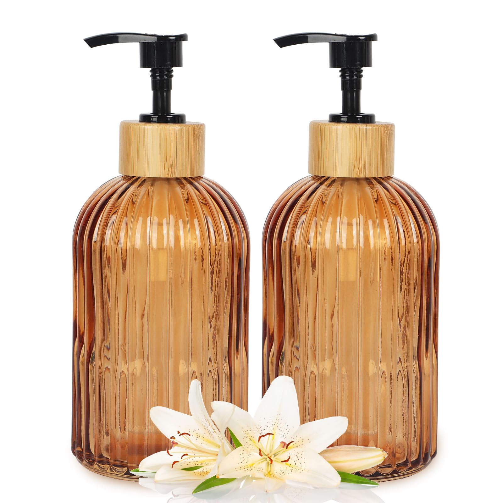 Premium 2-Pack Amber Glass Soap Dispenser with Pump - 13.5 Oz Refillable Lotion Dispenser for Bathroom, Kitchen & Vanity - Eco-Friendly Hand Soap & Dish Soap Dispenser for Home, Office & Spa Use