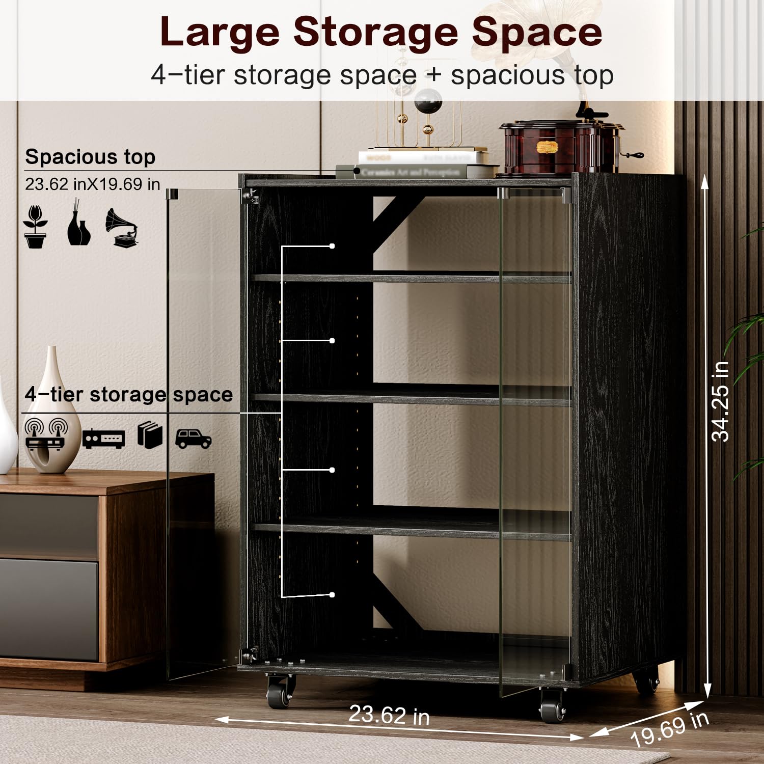 YYJ Modern Rolling AV Media Stand with 4 Adjustable Shelves & Glass Doors - Entertainment Storage Cabinet for Gaming, TV, Stereo Components - Perfect for Living Room & Home Theater Setup