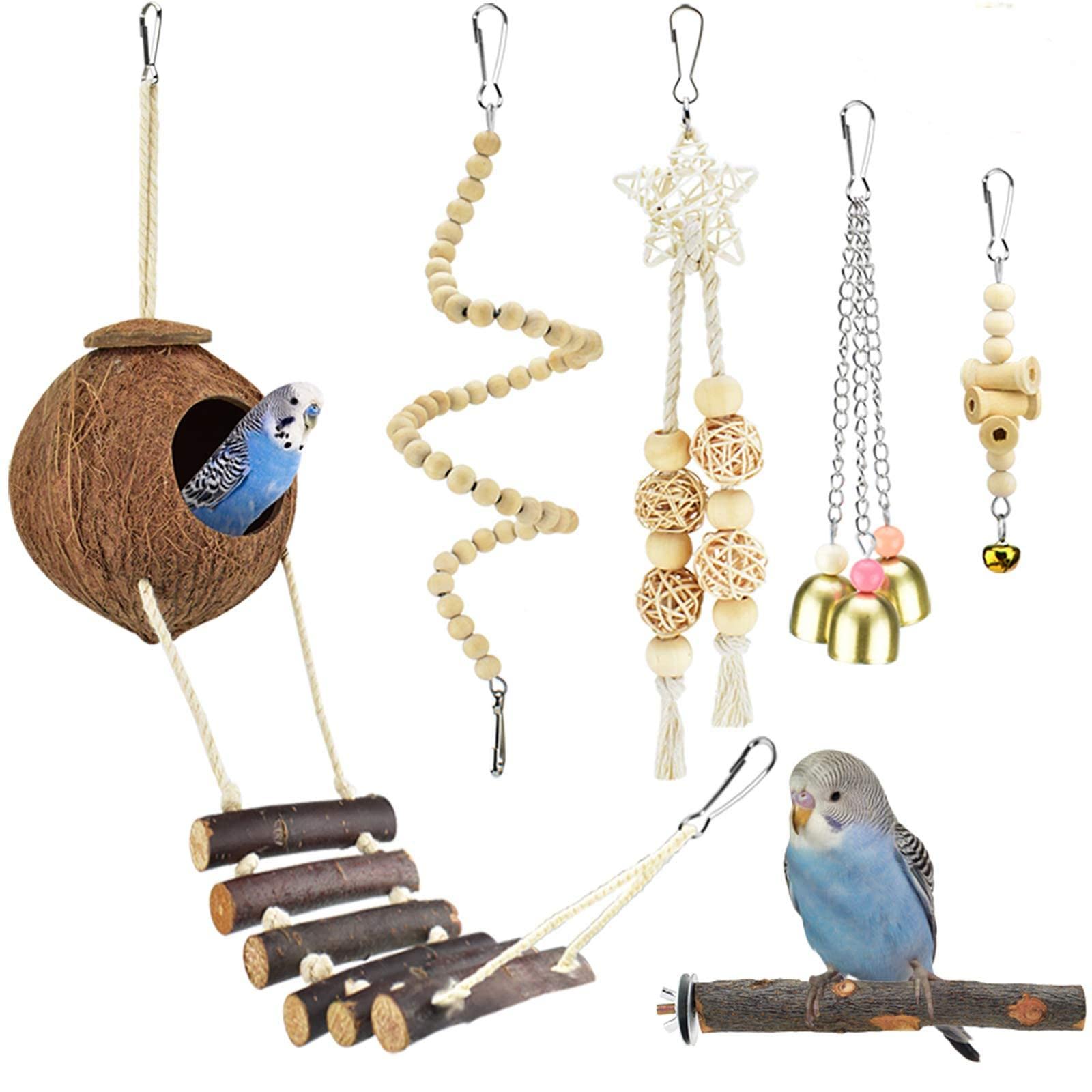 AIVYNA 7-Pack Bird Toys for Parakeets, Cockatiels, Conures - Chewing & Swing Toys with Hanging Bell for Small Birds Cage - Perfect for Budgies, Finches, Lovebirds, Macaws & Parrots - Ideal for Playtime & Mental Stimulation