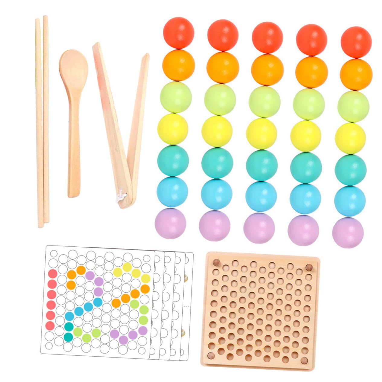 SKISUNO Wooden Pinch Ball Toy Set - Montessori Educational Sorting & Stacking Game for Kids, Color Matching Peg Board Beads Puzzle - Preschool Learning Toys for Fine Motor Skills & Hand-Eye Coordination - Perfect for Classroom, Home Play & Toddler Activities