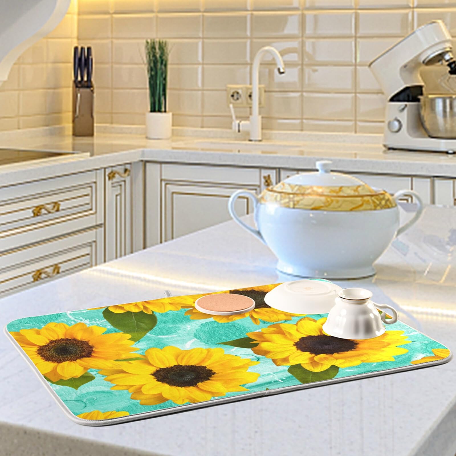 Floral Dish Drying Mat - 18x24 Inch Microfiber Absorbent Kitchen Counter Mat, Washable & Quick-Drying Dish Rack Pad for Dishes, Utensils & Cookware - Perfect for Countertop, Sink Side & Dish Drainer Areas