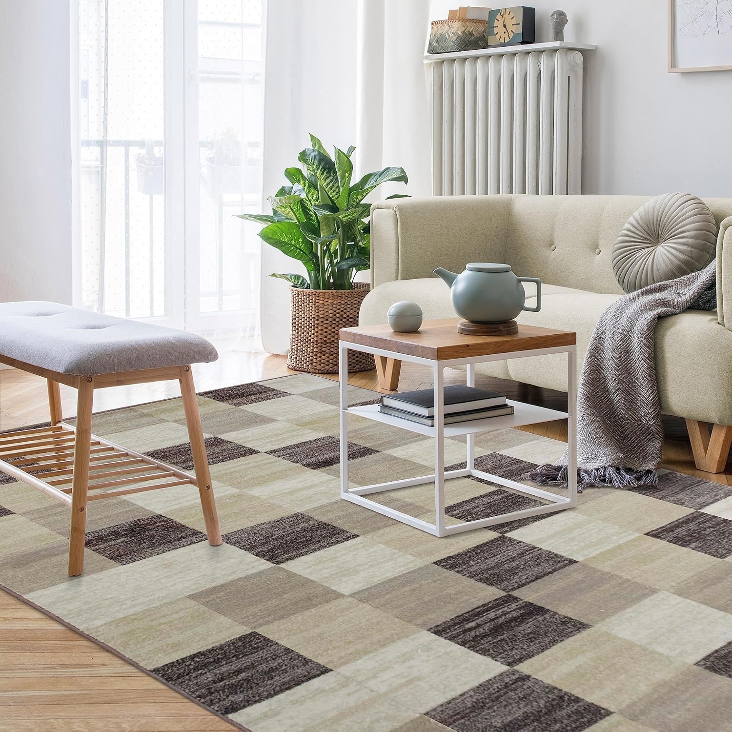 Premium Modern Geometric Area Rug - Neutral Beige Indoor Woven Carpet for Living Room, Dining, Kitchen, Bedroom, Office & Nursery - Jute Backing Non-Slip Floor Mat - Rockaway Collection 4'x6' - Perfect for Cozy Home Decor & High-Traffic Areas
