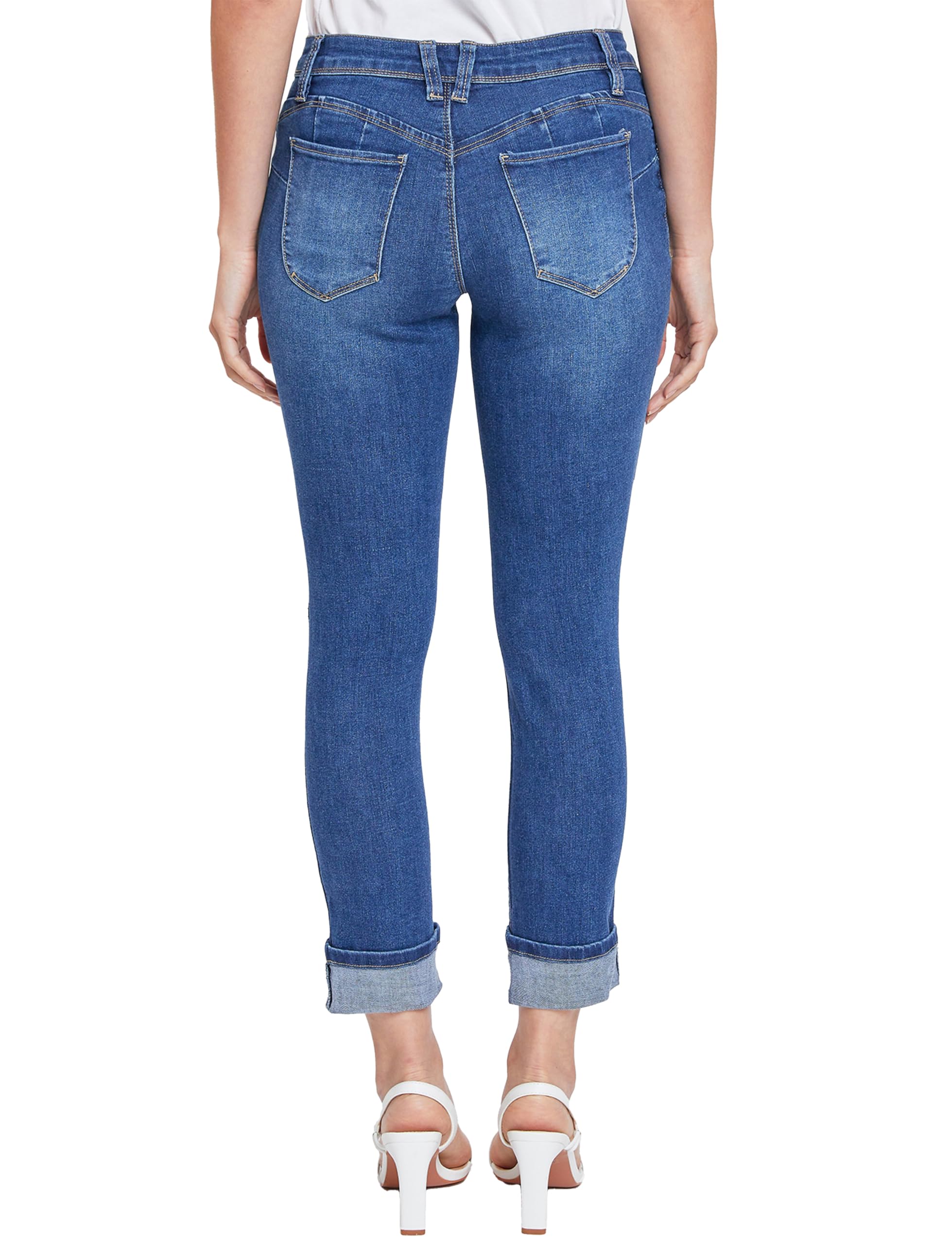 Royalty For Me Women's Petite Stretchy Mid-Rise Skinny Jeans - Sustainable Denim with Mega Cuff Ankle (Medium Wash, Size 14) | Perfect for Casual Wear, Date Nights & Office Outfits