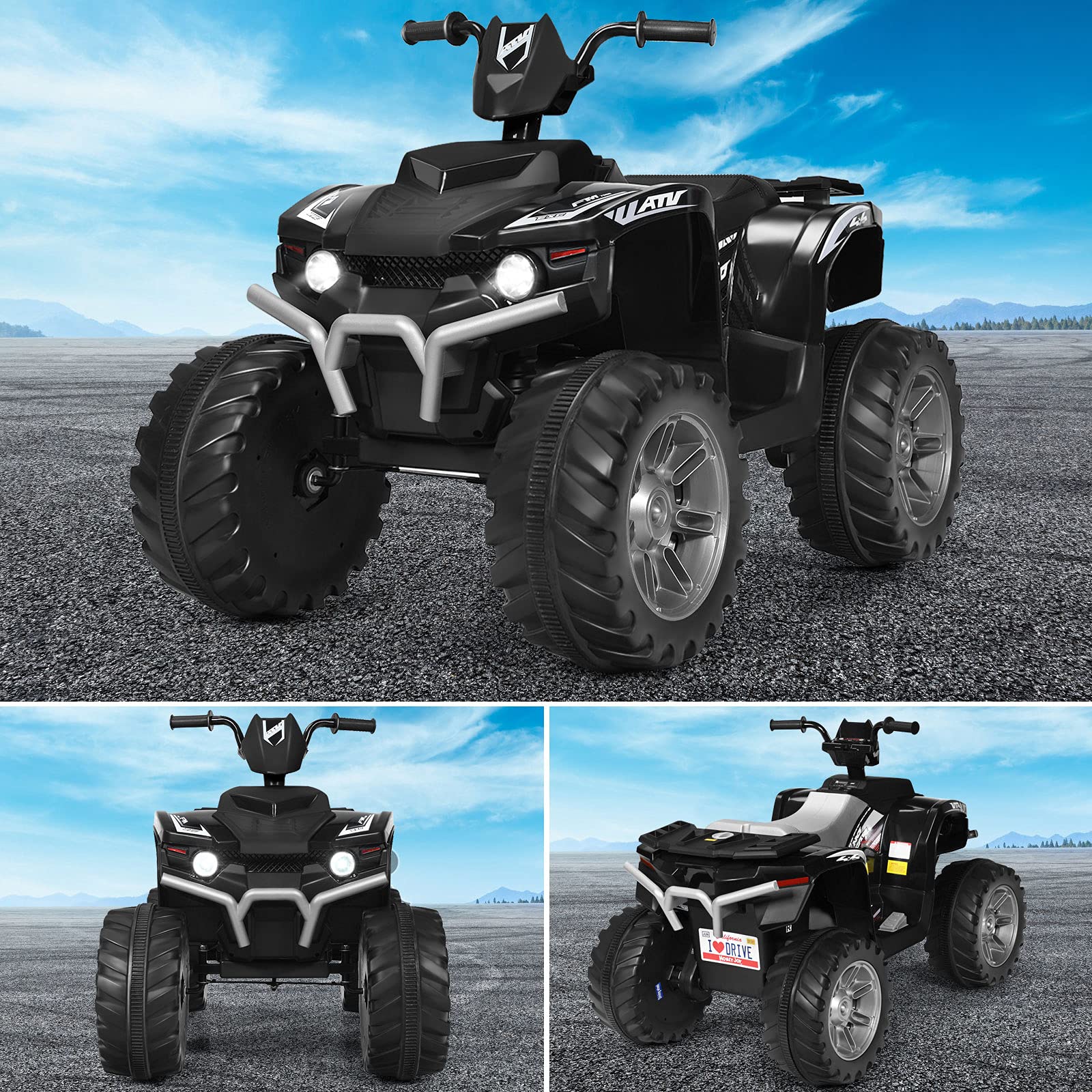 OLAKIDS 12V Kids Electric ATV Ride-On Toy Car - 4 Wheeler Battery Powered Motorized Quad for Boys & Girls with LED Lights, Music, Horn & Dual Speed - Perfect for Indoor & Outdoor Play (Black)