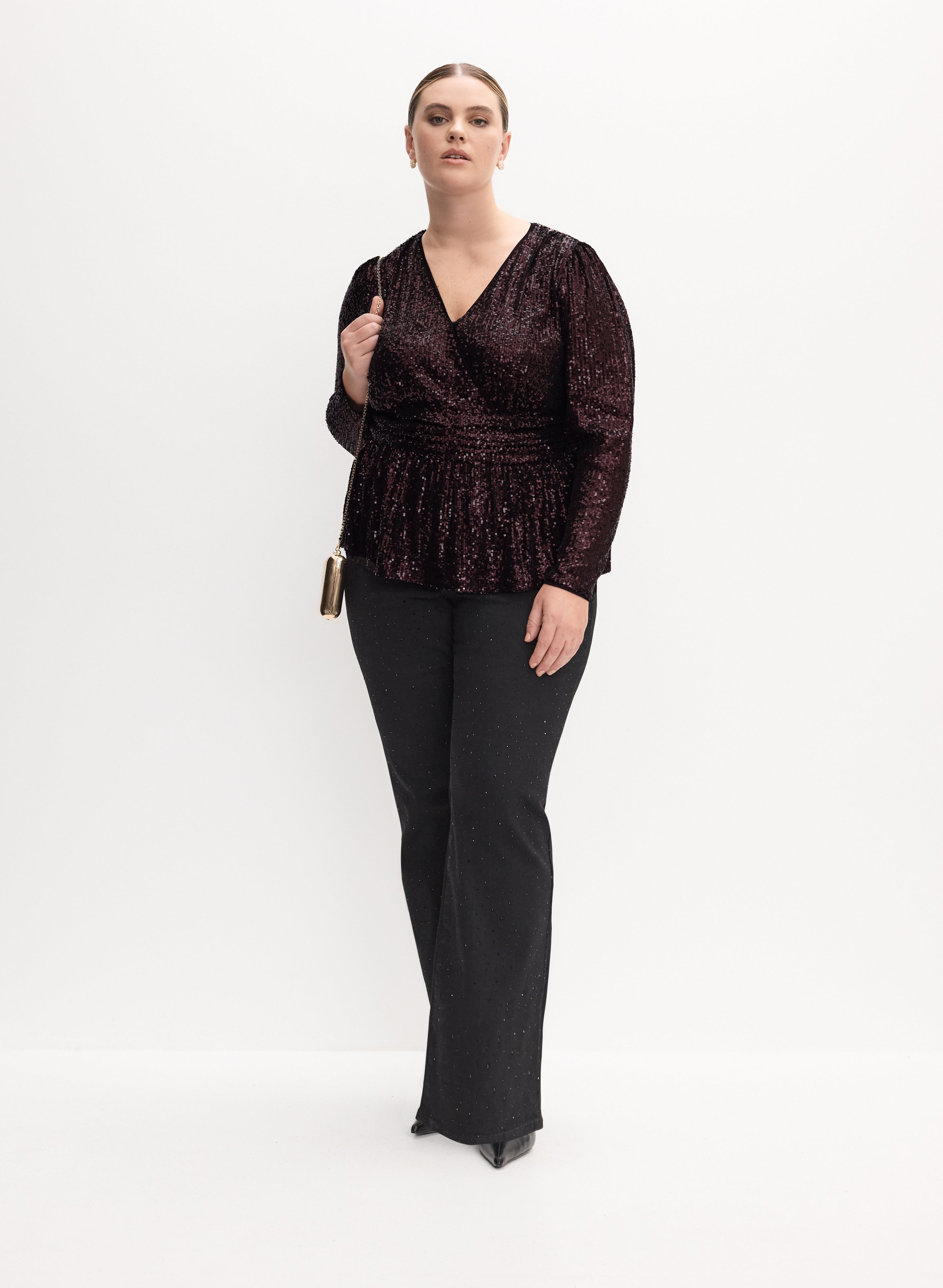 Sparkly Sequin Crossover Top & Rhinestone Studded Flare Jeans Set for Women - Trendy Party Outfit for Nightclub, Date Night & Special Occasions