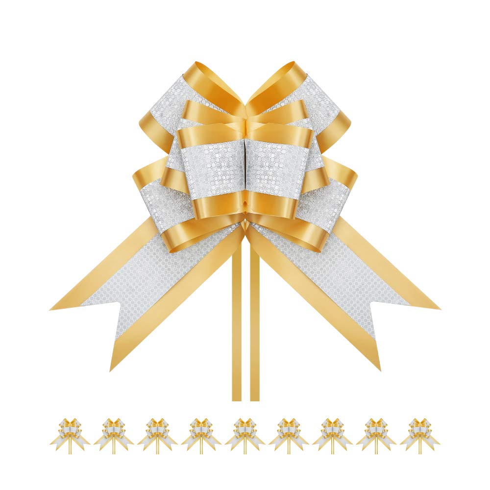 PACKHOME 10 Extra Large Gold Gift Bows - 7.5 Inch Premium Pull Ribbons for Present Wrapping & Decoration - Perfect for Christmas, Birthday, Wedding & Party Gift Boxes