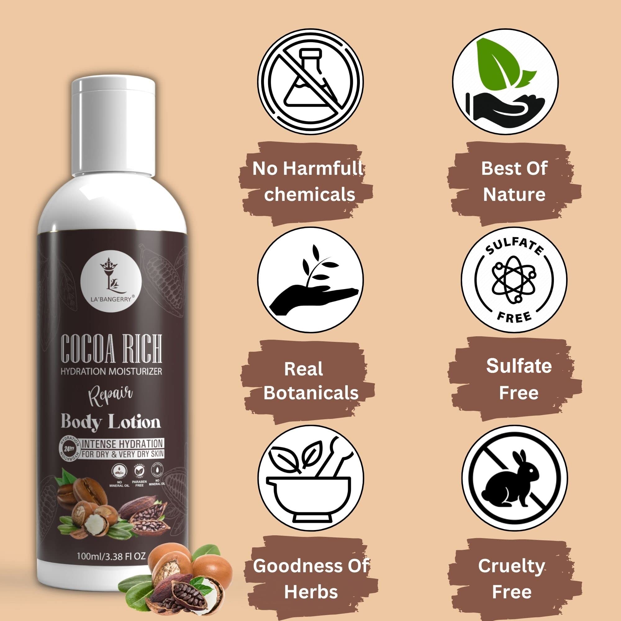 LA'BANGERRY Hydration Cocoa Rich Body Lotion - Long Lasting Moisturizing & Soothing for Very Dry Skin | Non-Greasy Formula for Healthy Glow | 100ml | Perfect for Daily Skincare & Post-Shower Hydration