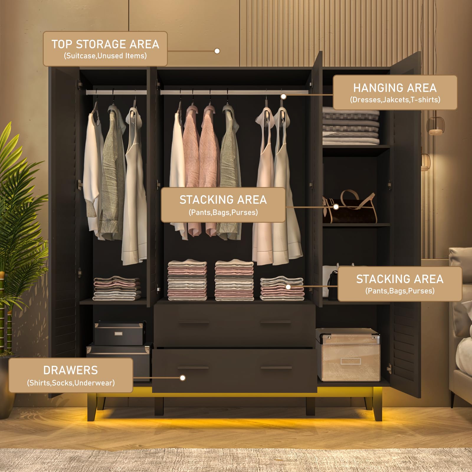 4 Door Armoire Wardrobe Closet with LED Lights, Drawers & Hanging Rod - Large Capacity Storage Cabinet for Bedroom with Multi-Tier Shelves & Louver Doors (Black) - Perfect for Organizing Clothes, Shoes & Accessories in Master Bedroom or Guest Room