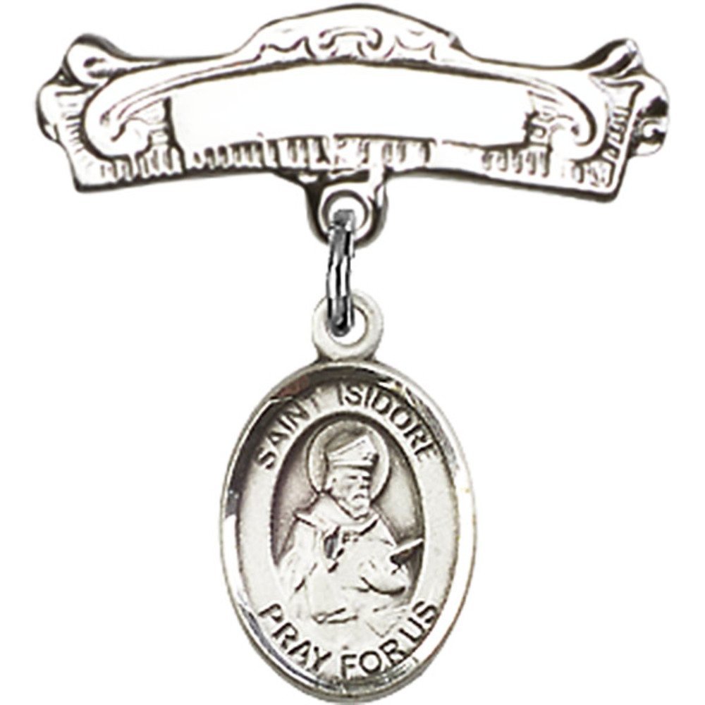 Sterling Silver Baby Badge with St. Isidore of Seville Charm - 7/8 X 7/8 Inch Arched Polished Pin - Perfect for Christening Gifts, Baby Blessings & First Communion Jewelry