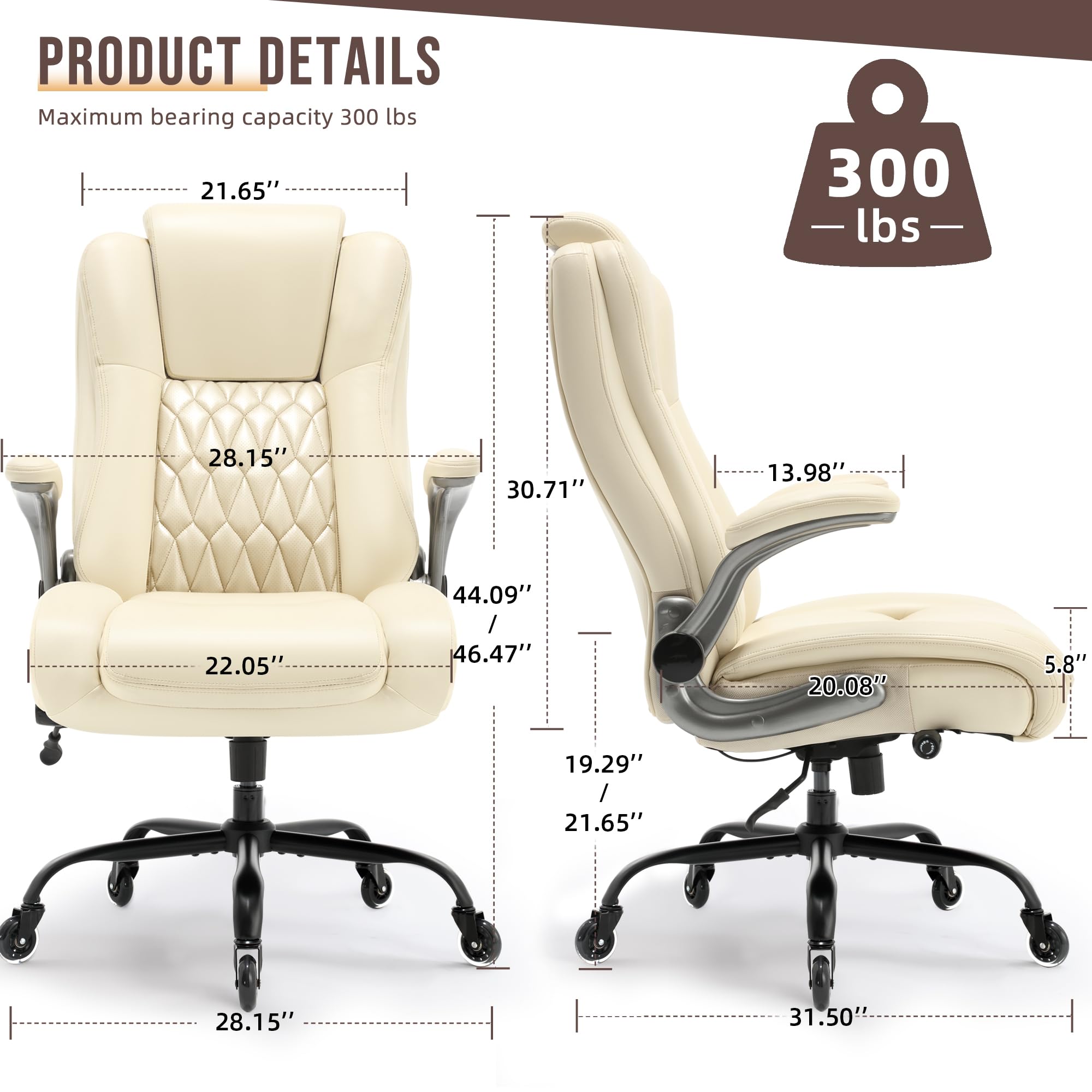 Ergonomic High Back Office Chair with Flip-Up Armrests & Adjustable Lumbar Support - Executive Desk Chair with Lift Headrest & Sturdy Metal Base for Home Office, Gaming & Workspace Comfort