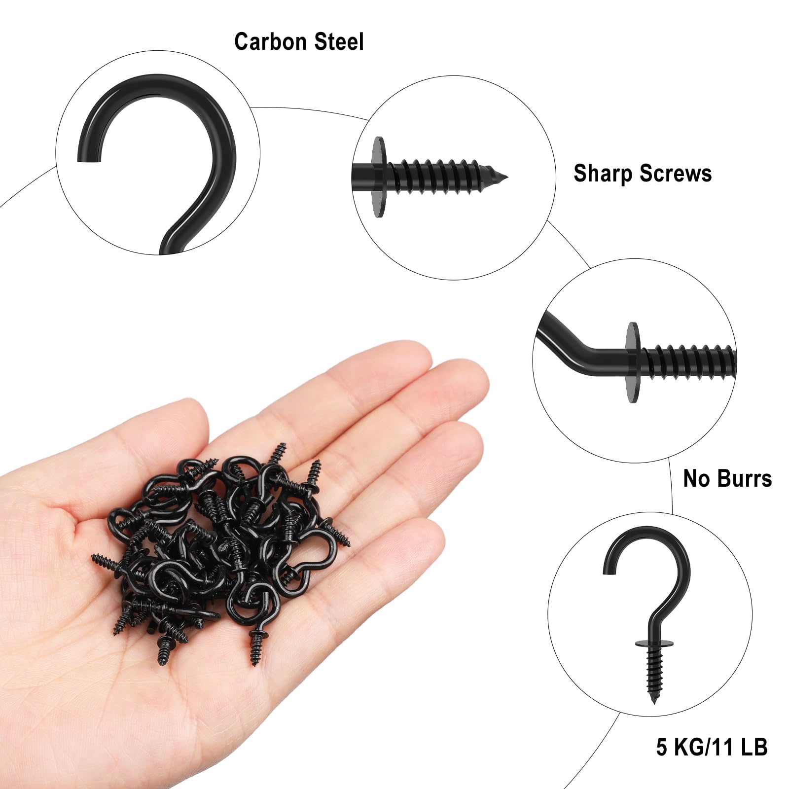 RELBRO 100 Pcs 1/2 Inch Small Black Screw Hooks - Mini Metal Screw-in Hooks for Jewelry, Crafts, Keys, Hats & Home Decor - Perfect for Hanging Plants, String Lights, Wreaths on Walls & Ceilings