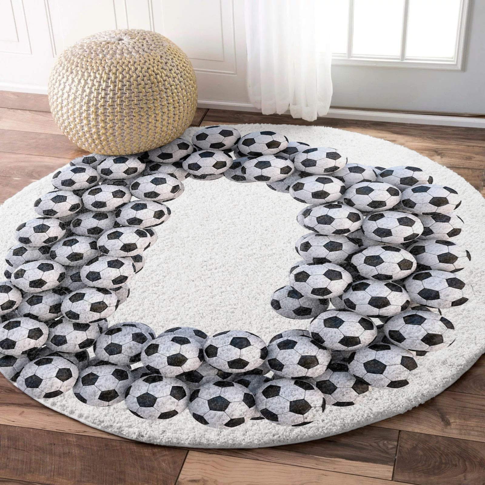 Ultra Soft Fluffy Shag Round Area Rug 3ft - Football Design Non-Slip Absorbent Circle Carpet for Living Room, Bedroom, Nursery - Black & White Sports Theme - Perfect for Game Rooms, Dorm Decor & Modern Home Flooring