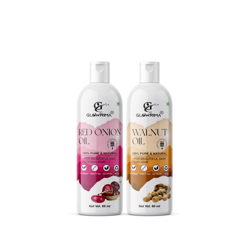 Glowrima 100% Pure Red Onion Oil & Walnut Oil Combo (60ML Each) for Hair Growth, Anti Hair Fall, Split Ends Repair - Promotes Soft, Shiny Hair - Pack of 2 - Perfect for Daily Hair Care & Scalp Treatment