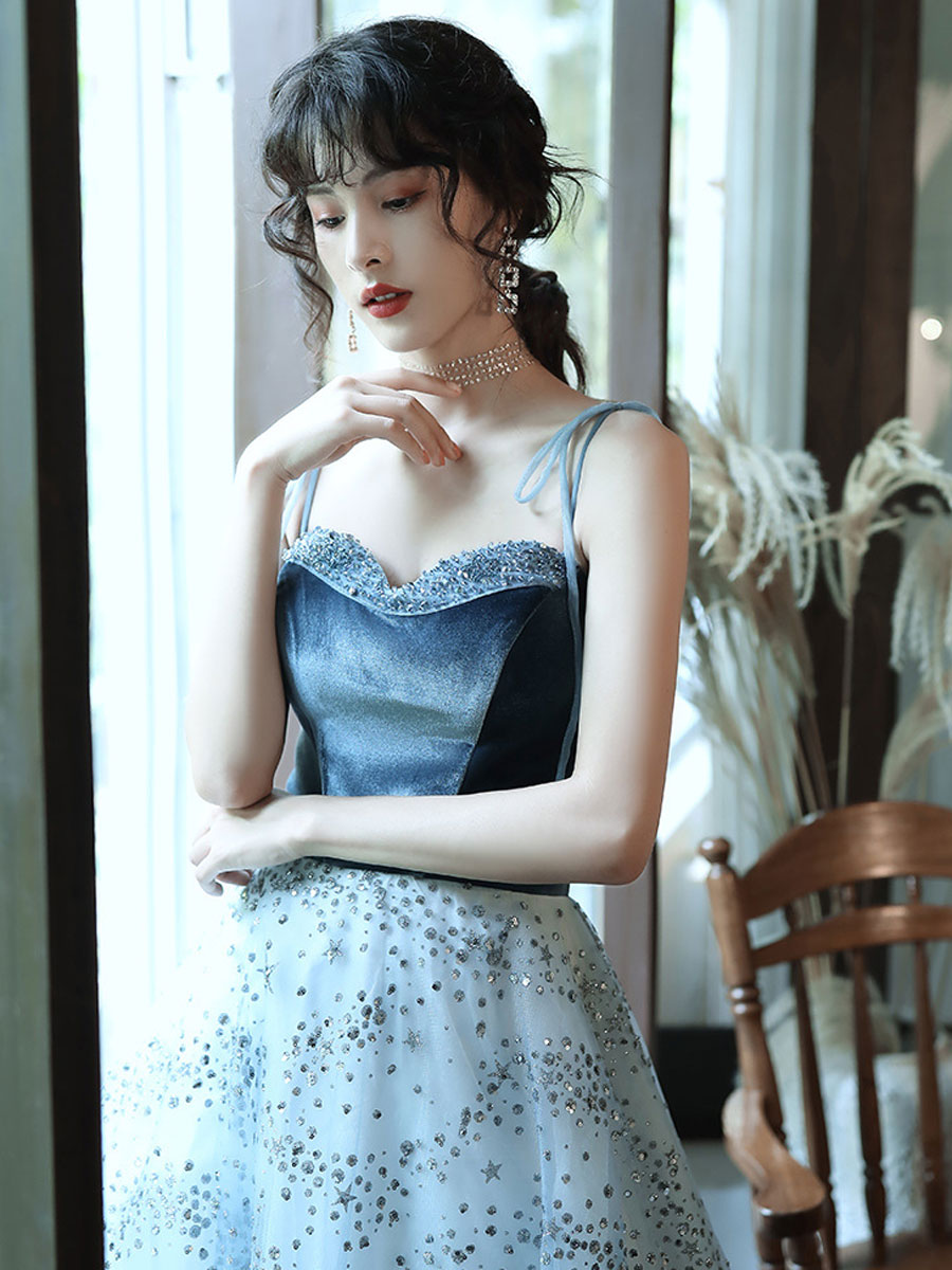 Elegant A-Line Blue Tulle & Velvet Long Prom Dress with Beading Sequins - Perfect for Graduation, Homecoming & Formal Events