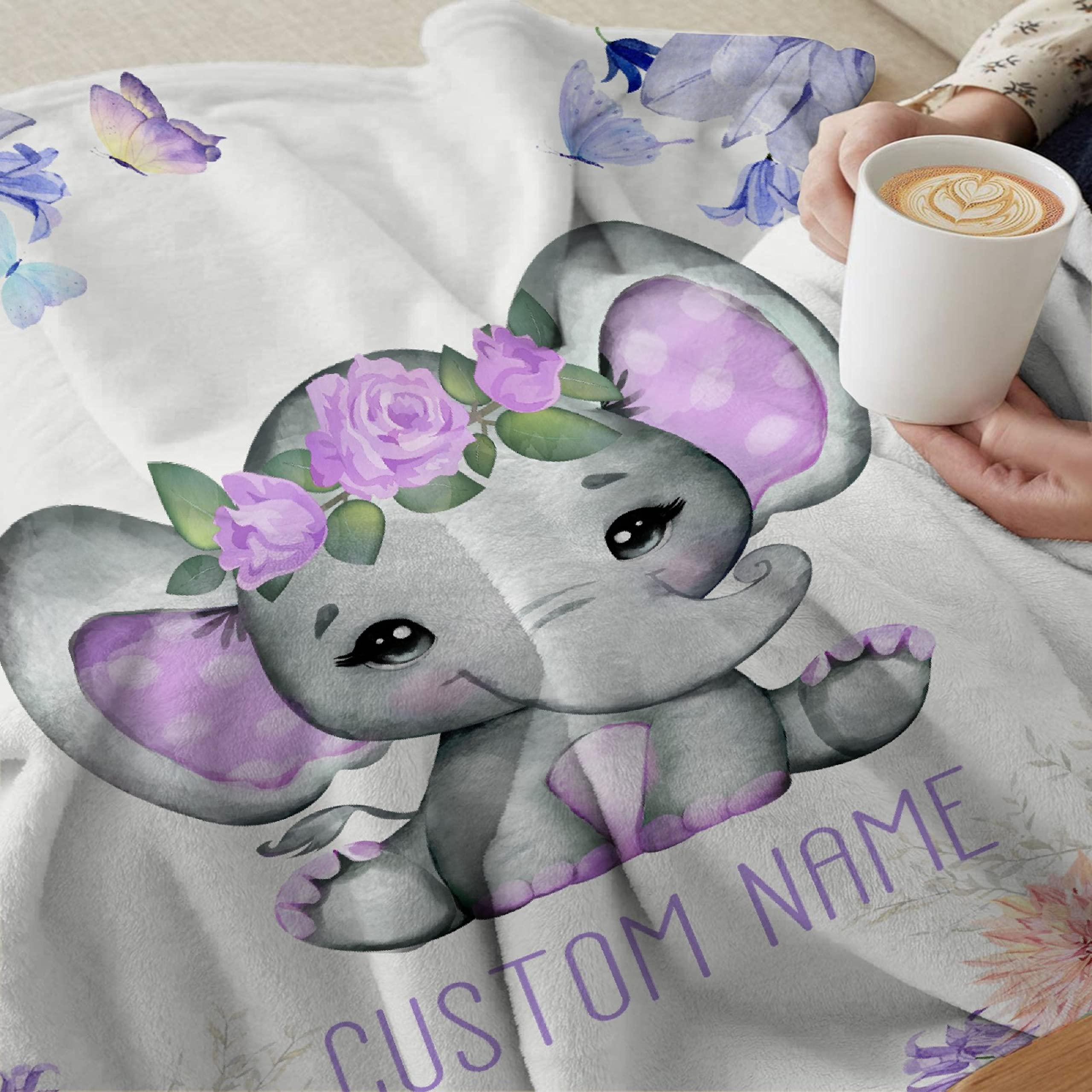 Personalized Baby Blanket with Name - Purple Floral Elephant Fleece Blanket for Girls & Boys | Custom Baby Shower Gift, Birthday Present for Daughter, Granddaughter, Niece | 120