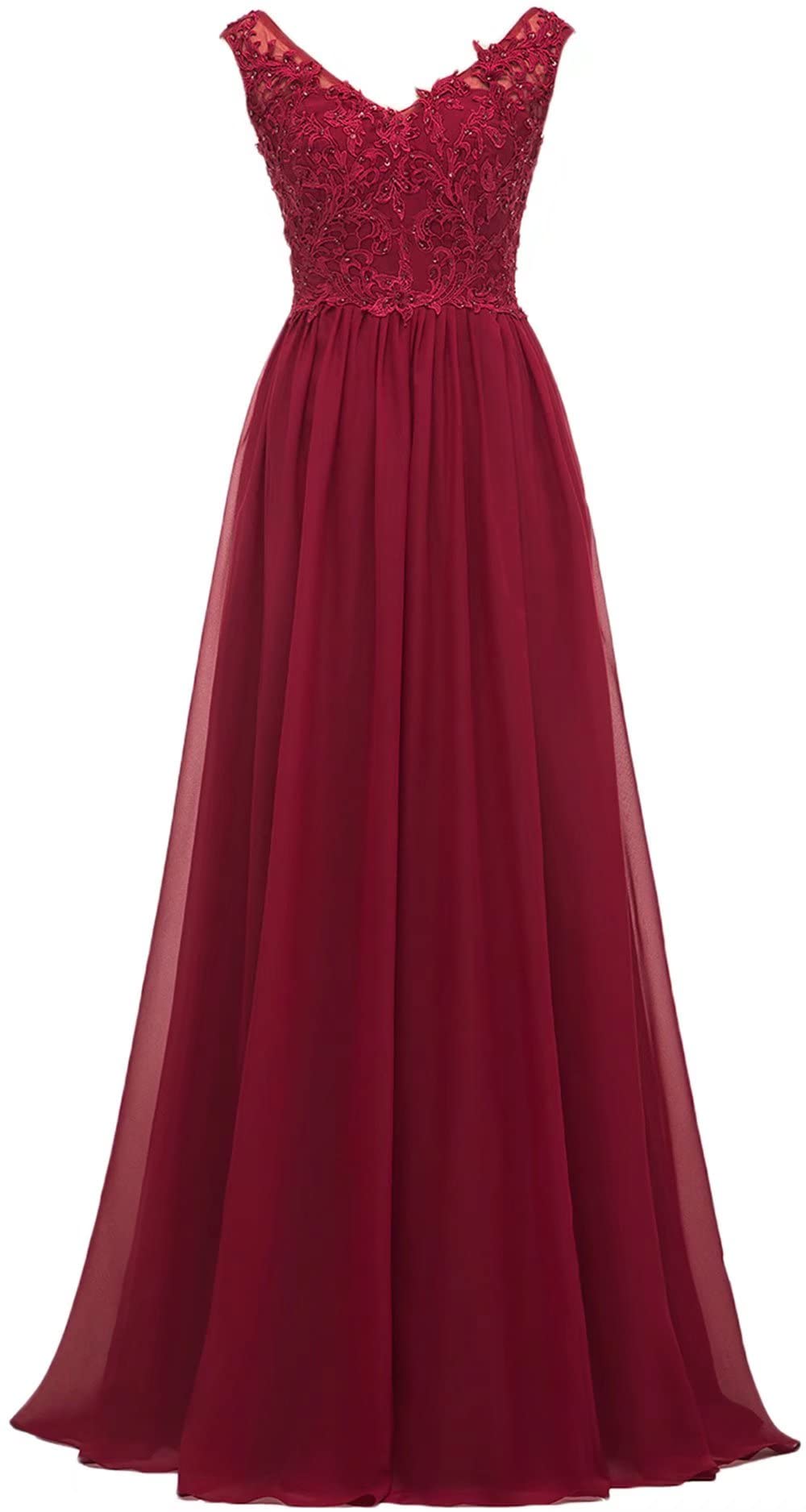 Elegant Long Lace Chiffon Bridesmaid Dress with V-Neck - Formal Wedding Guest Gown for Women - Perfect for Weddings, Proms & Special Occasions