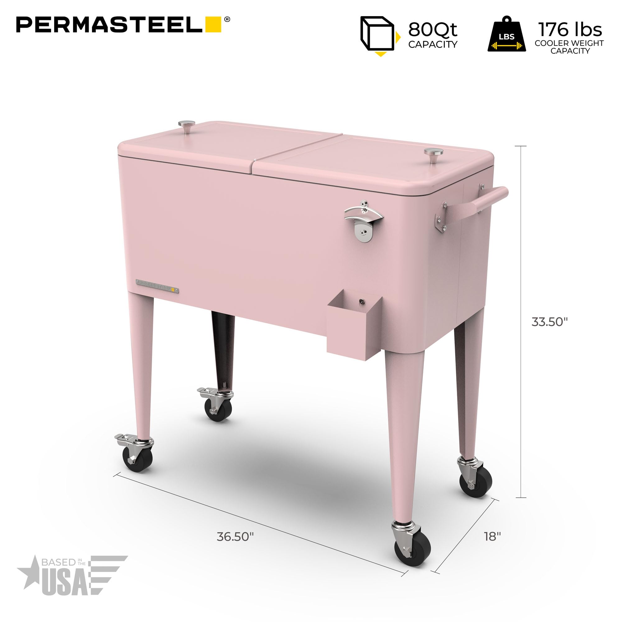 Permasteel 80-Quart Classic Outdoor Patio Cooler with Wheels & Handles - Retro Design Beverage Bar Cart for Picnics, BBQs, Camping & Tailgating