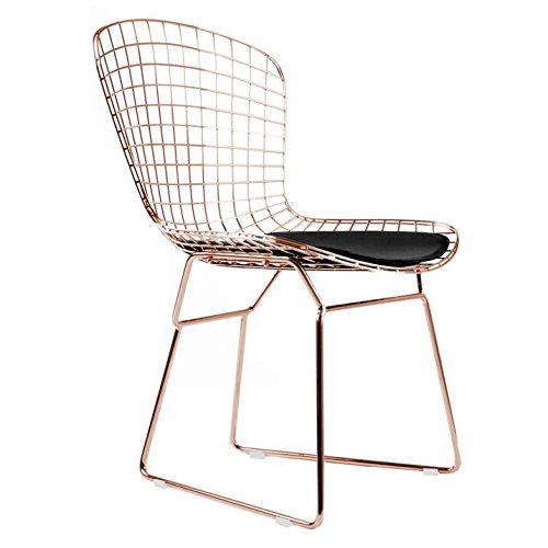 Bertoia Style Side Chair - Rose Gold Finish with Black Cushion | Modern Dining, Lounge, or Office Seating for Home & Commercial Spaces