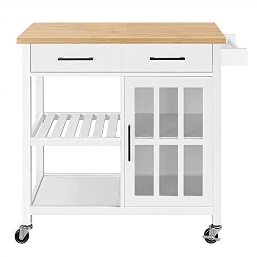White Kitchen Island Trolley Cart with Wine Rack, Storage Drawers & Cabinet - Mobile Kitchen Island Table for Small Spaces, Dining & Food Prep - Perfect for Apartments, Home Cooking & Entertaining