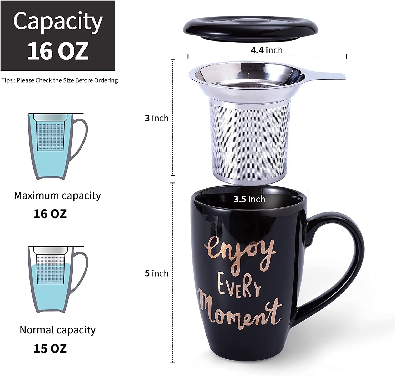 Premium Porcelain Tea Mug with Stainless Steel Infuser - 16 oz Ceramic Tea Cup with Lid, Black - Perfect for Loose Leaf Tea, Herbal Tea, and Coffee at Home or Office