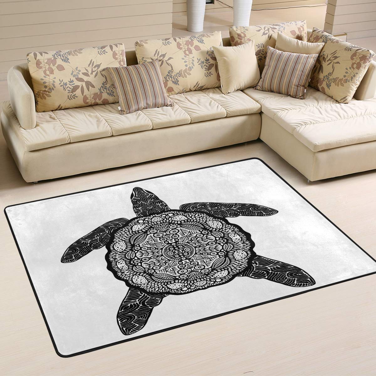 ALAZA Sea Turtle Ethnic Psychedelic Black White Area Rug 3'x2' - Bohemian Decor for Living Room, Bedroom, Dorm | Soft Non-Slip Floor Mat for Home, Office & Yoga Space
