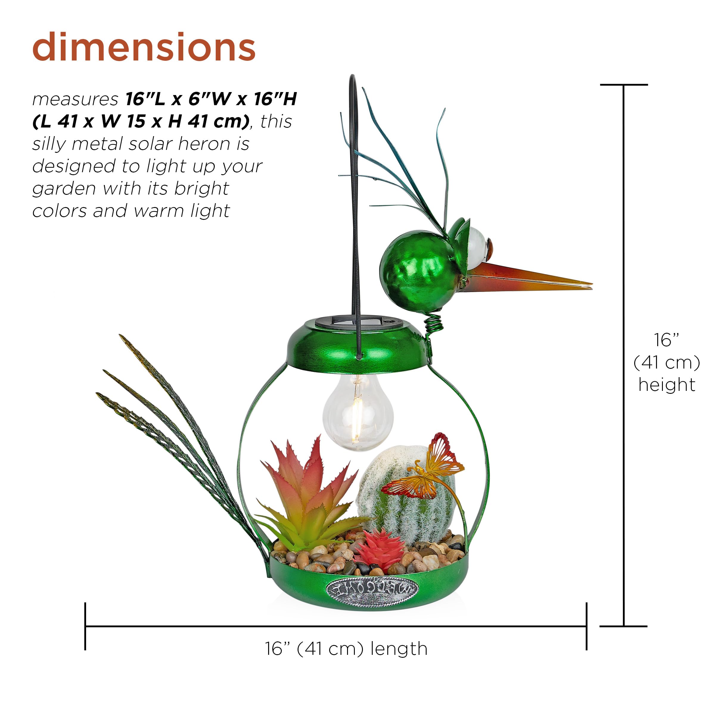 Alpine Corporation Solar-Powered Metal Heron Garden Statue with LED Light - 16 Inch Green Outdoor Decor for Patio, Yard & Garden | Solar Patio Decor, Weather-Resistant Landscape Art