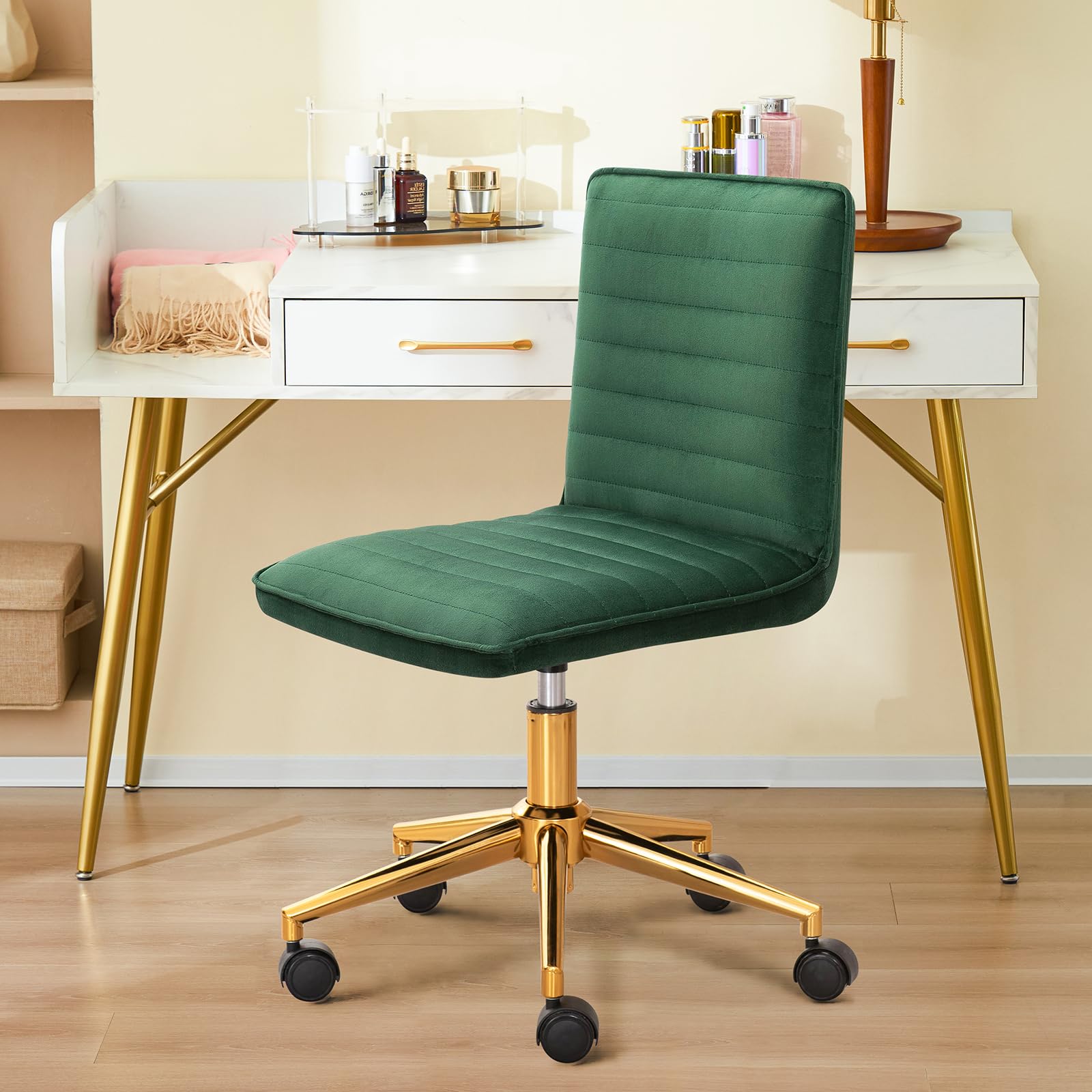 Furnimart Velvet Adjustable Swivel Office Chair - Armless Mid-Back Task Chair for Home Office, Dorm & Study - Dark Green Upholstered Desk Chair for Students & Professionals | Perfect for Small Spaces & Long Work Sessions