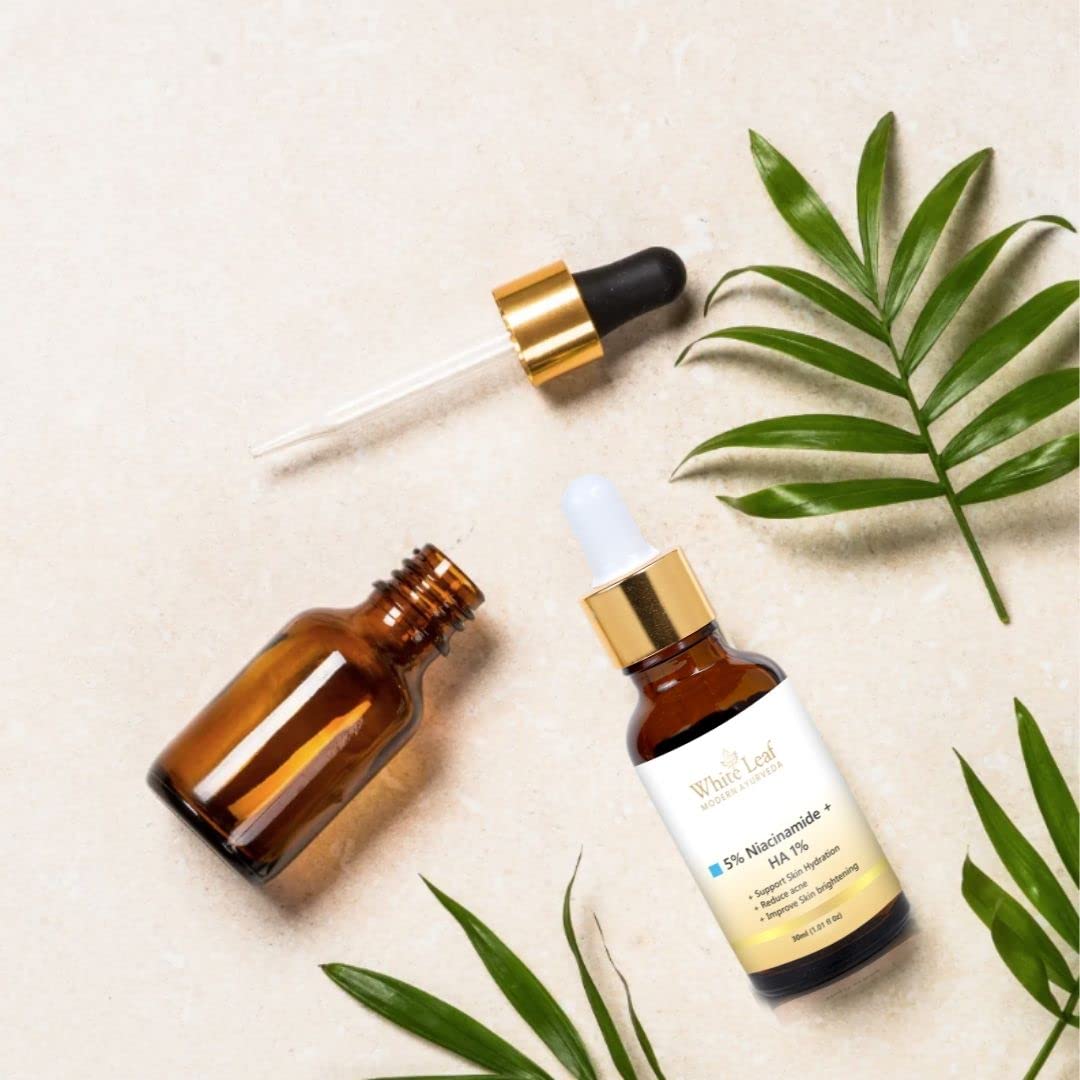 White Leaf 5% Niacinamide + 1% Hyaluronic Acid Face Serum (30ml) - Skin Clarifying Anti-Acne Treatment for Pimple Prone & Oily Skin | Brightening, Hydrating & Blemish Control | Day & Night Skincare Routine