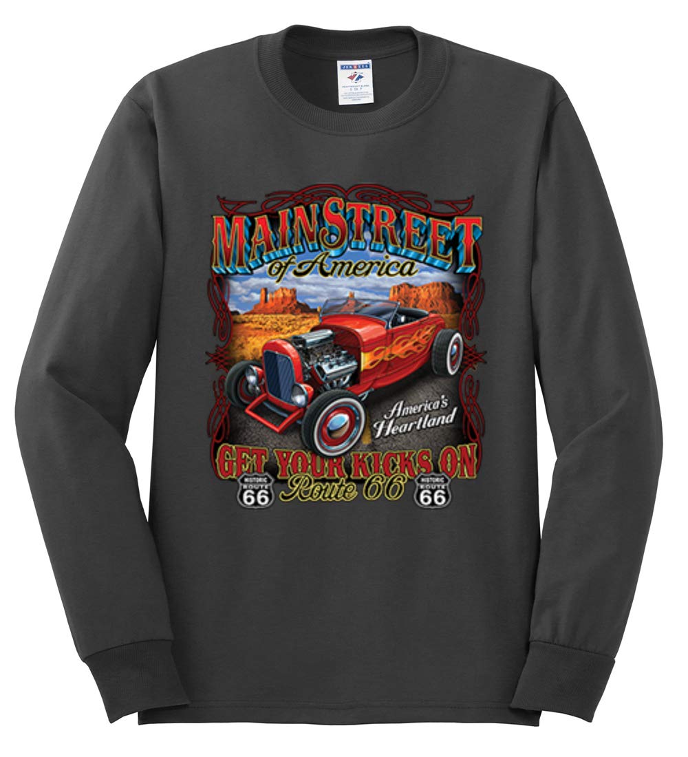 Vintage Route 66 Hot Rod Cars & Trucks Men's Long Sleeve T-Shirt - Classic American Road Trip Style for Motorcycle Riders & Car Enthusiasts
