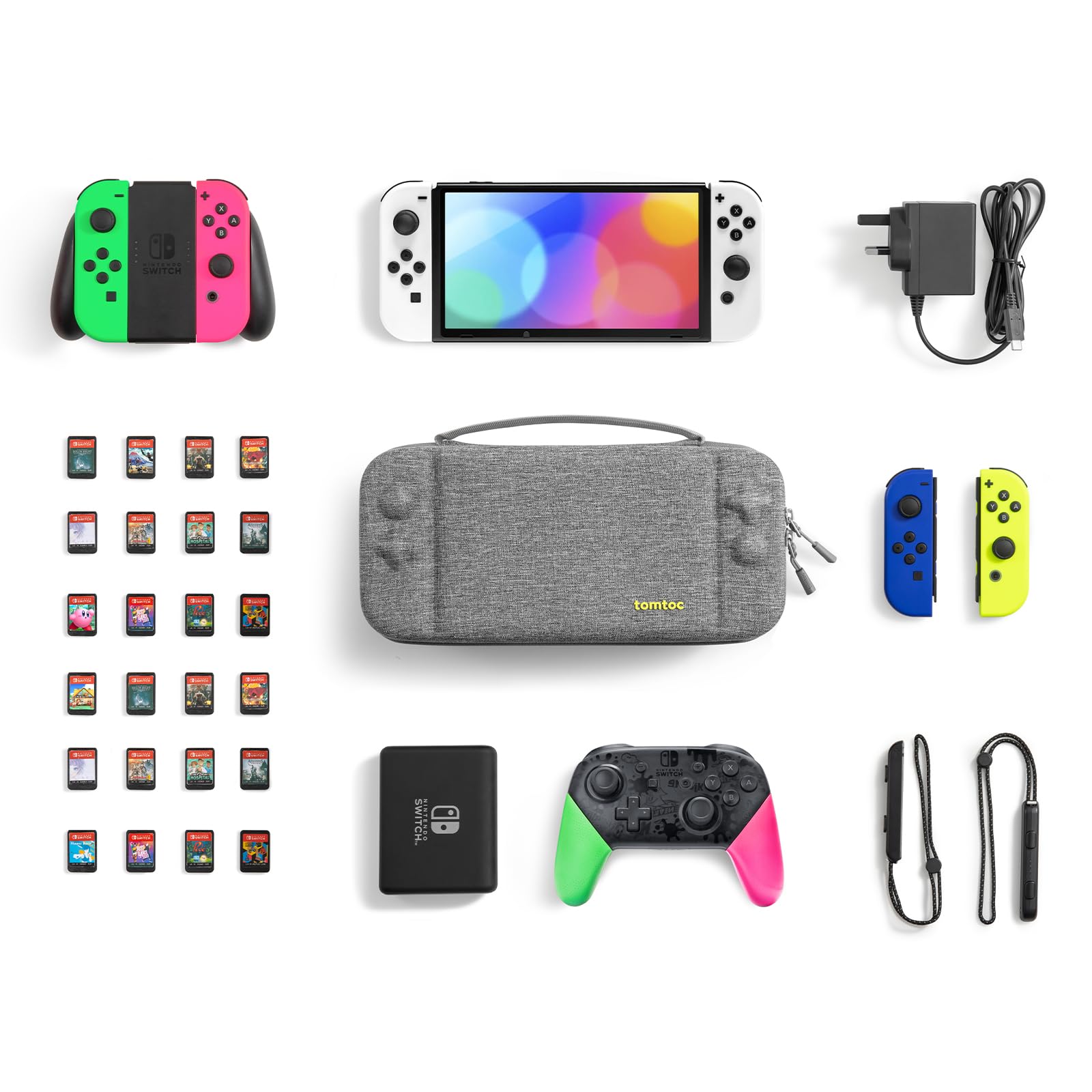 Tomtoc Protective Carrying Case for Nintendo Switch & OLED Model - Large Travel Bag with Pockets for Pro Controller, Joy-Con Grip & AC Adapter - Holds 24 Game Cartridges - Perfect for Gaming on the Go, Travel & Storage