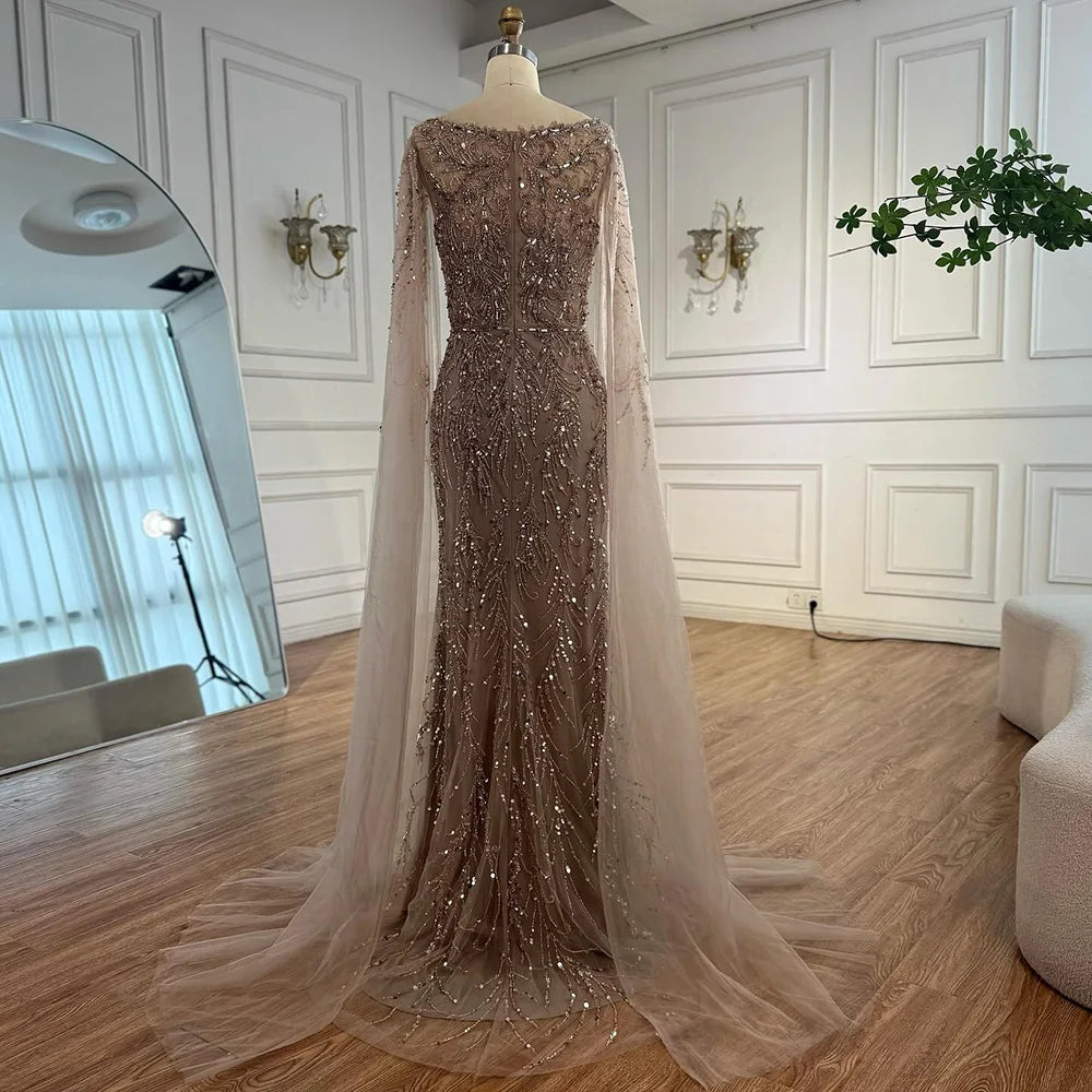 Elegant Beaded Caramel Evening Gown with Cape Sleeves - LA73078 | Perfect for Formal Events, Galas & Red Carpet Occasions
