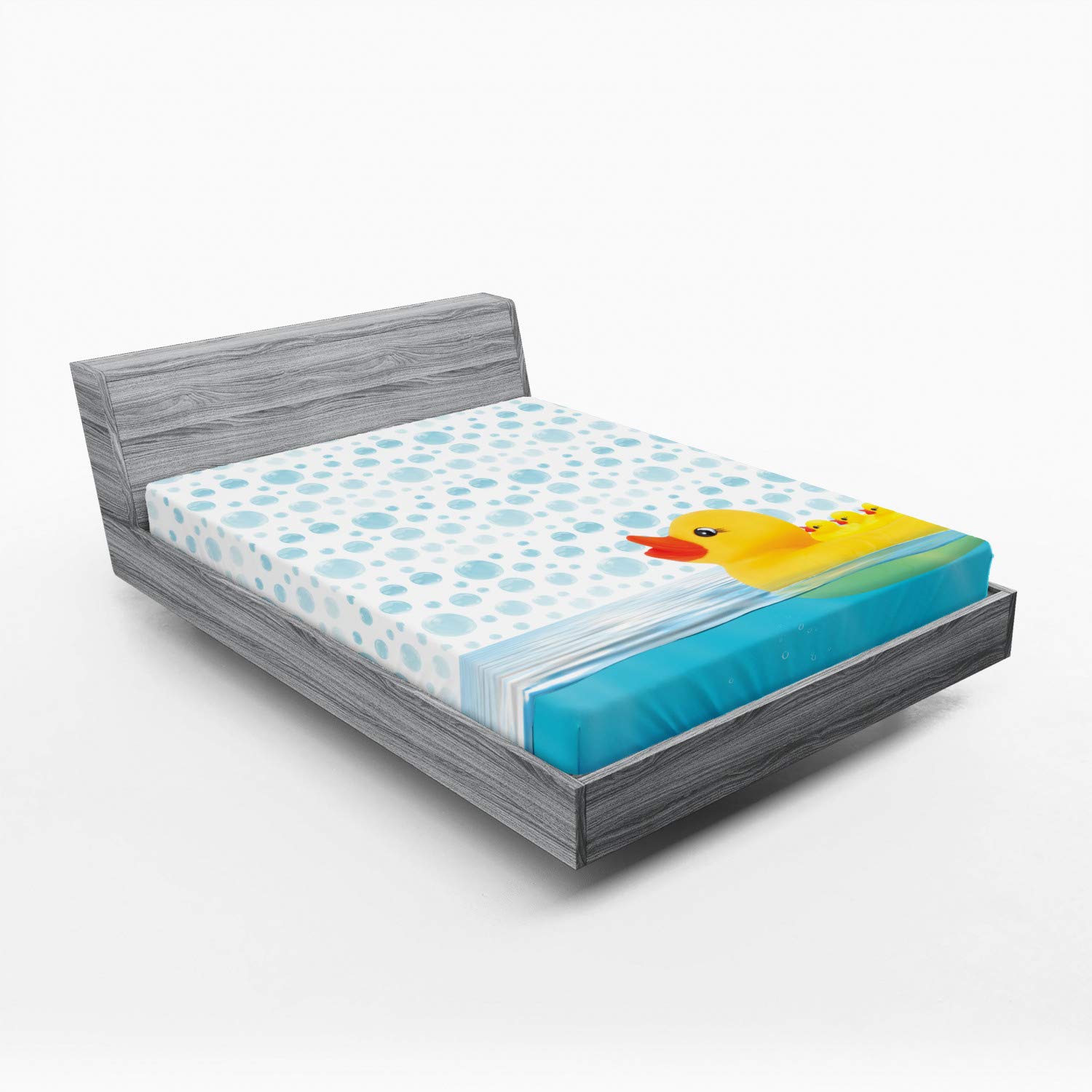 Ambesonne Yellow Duck Fitted Sheet - Queen Size Waterproof Bedding with Fun Swimming Rubber Duck Print, All-Around Elastic Deep Pocket for Mattress (Sky Blue/Yellow/White) - Perfect for Kids' Rooms, Beach Themed Decor & Whimsical Bedroom Designs