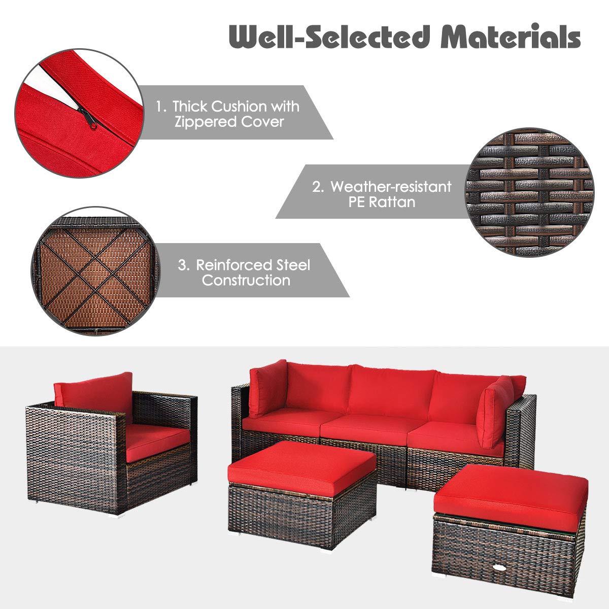 HappyGrill 6-Piece Patio Conversation Set - Outdoor Rattan Wicker Sectional Sofa with Cushions, Coffee Table & Ottoman - Perfect for Backyard, Garden, Poolside & Patio Relaxation