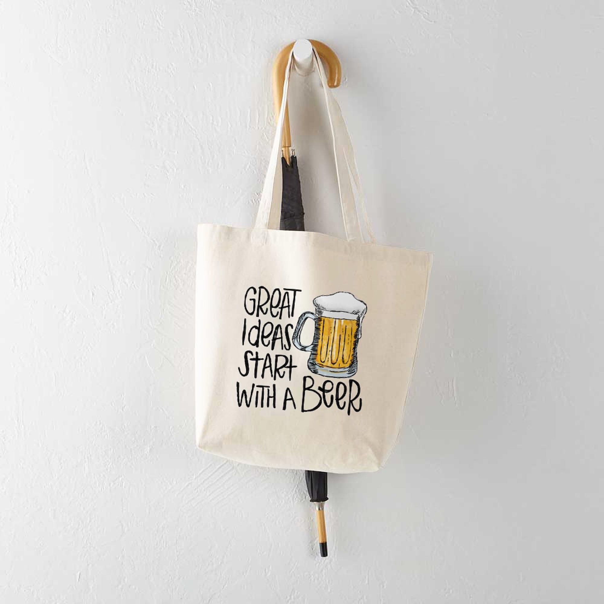 Great Ideas Start With A Beer - Natural Canvas Reusable Shopping Tote Bag | Eco-Friendly Grocery & Beach Bag for Men & Women | Perfect for Shopping, Picnics & Daily Use