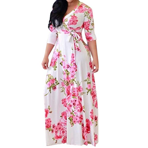 Women's Floral Boho Maxi Dress - Long Sleeve V-Neck Bandage Print Summer Dress with Adjustable Straps | Perfect for Beach Vacations, Music Festivals & Casual Outings