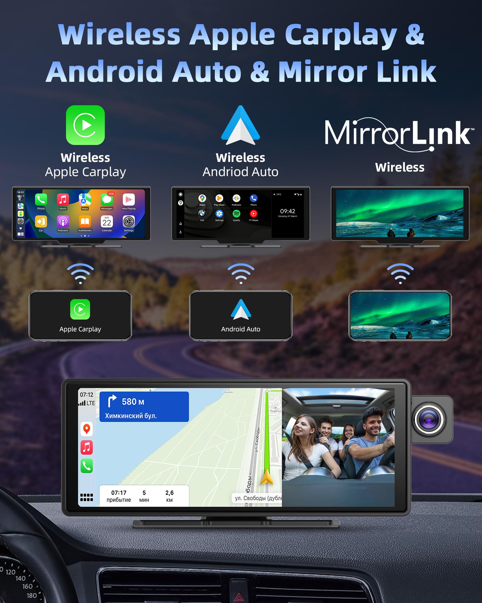 10.26 Inch Apple CarPlay Android Auto Touchscreen Display with Adjustable 2.5K Dashcam, Wireless Driveplay, Rearview Camera, Bluetooth, Mirror Link & 64GB TF Card - Perfect for Car Entertainment and Safe Driving