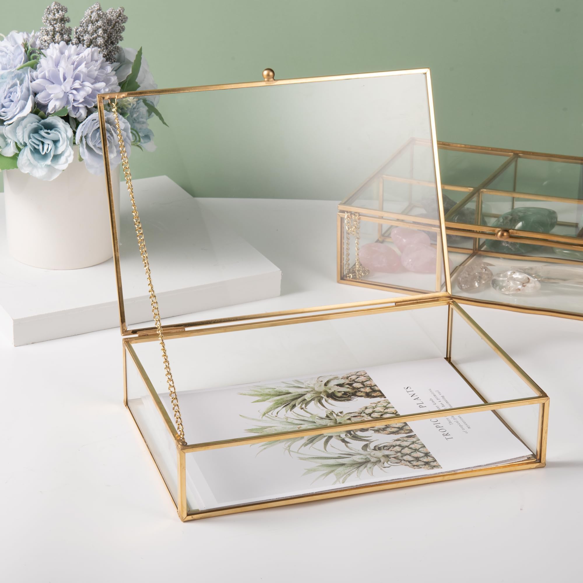 Feyarl Gold Glass Jewelry Box - 5x7 Photo Card Organizer with Lid - Decorative Keepsake Storage Case for Rings, Necklaces & Small Treasures - Perfect for Home Decor, Gift Wrapping & Vanity Display (8.66 x 5.9 x 1.96 Inches)