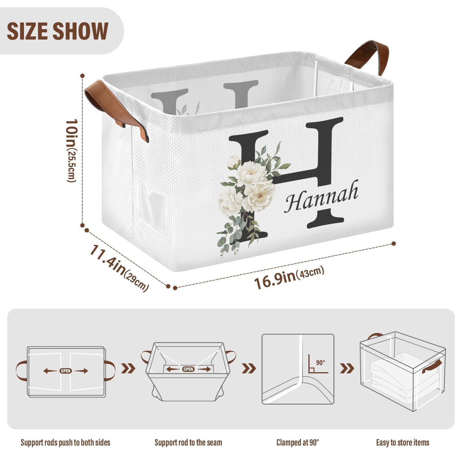 Personalized Floral Storage Basket with Handles & Clear Labels - Foldable Laundry Organizer Bin, Custom Name Collapsible Cube for Home, Kids Room, Closet & Shelf - Perfect for Wedding Gifts & Home Organization (2 Pack)