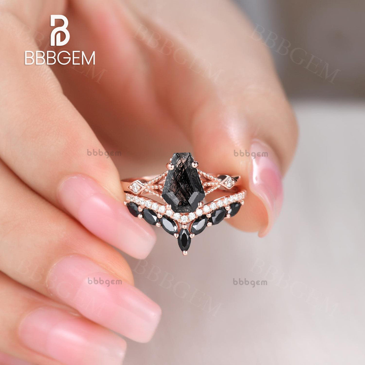 Three Stone Coffin Shaped Promise Ring Set - Black Rutilated Quartz & Black Spinel Band in Rose Gold - Perfect for Engagement, Anniversary & Gothic Jewelry Lovers