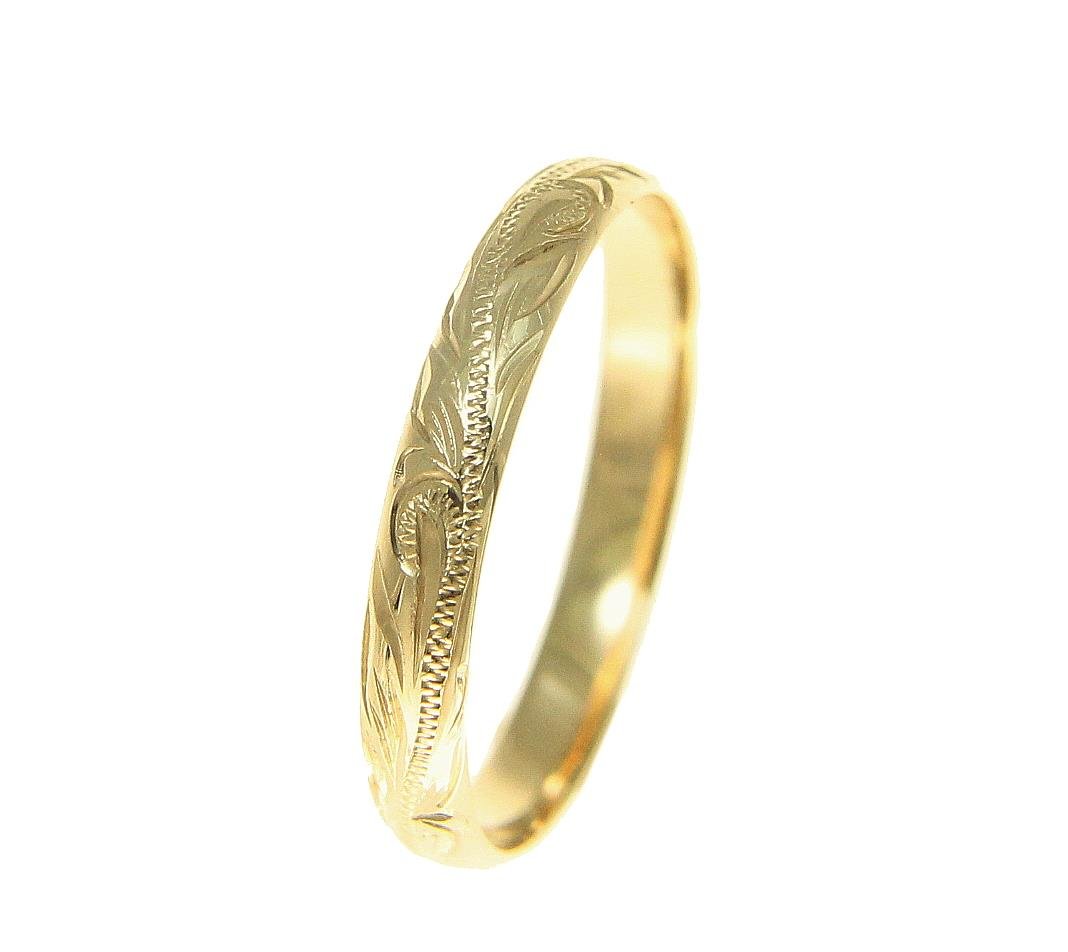 14K Solid Yellow Gold Hawaiian Scroll Band Ring - Hand Engraved, 3mm Width, Sizes 1-14 - Perfect for Weddings, Anniversaries & Hawaiian-Themed Jewelry Collections