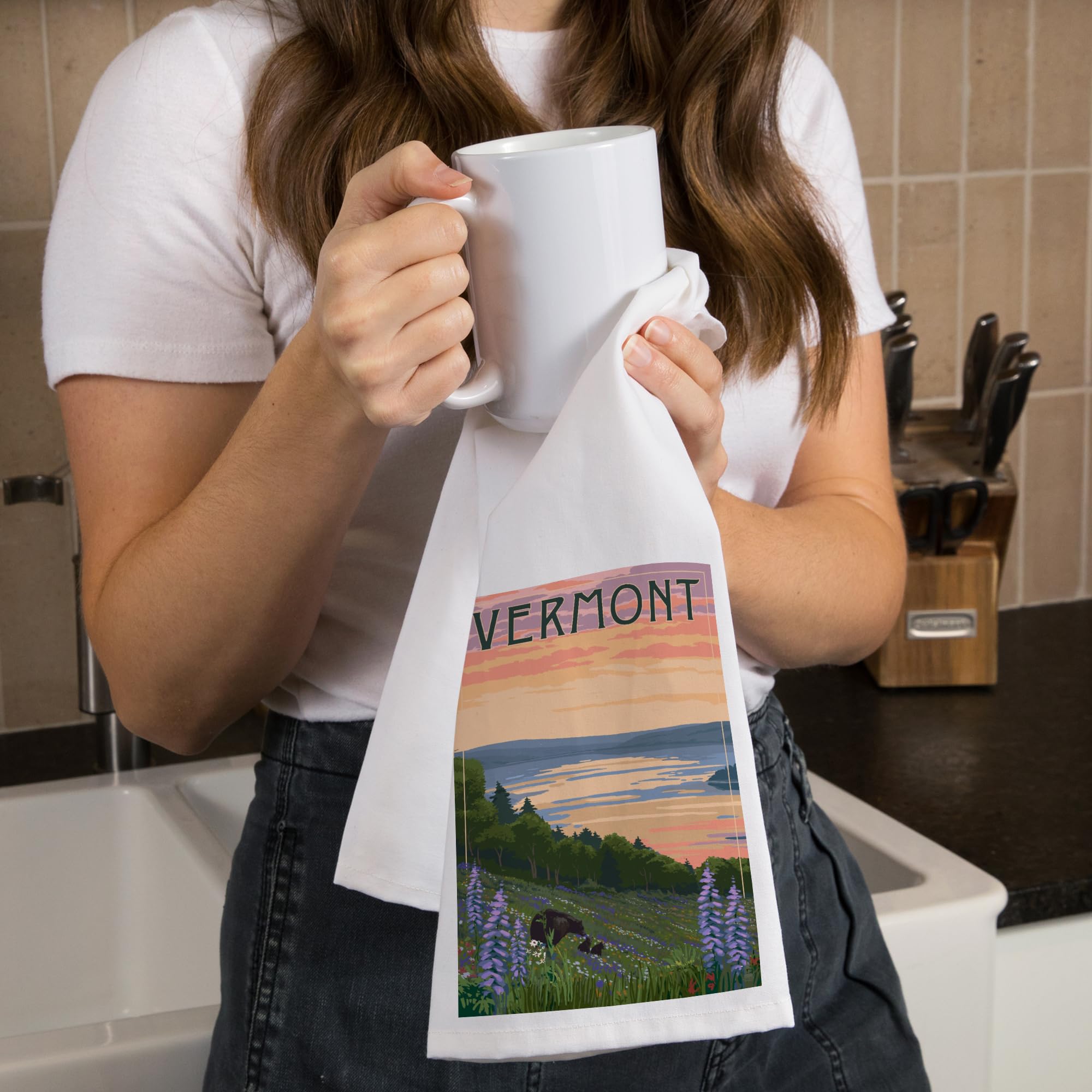 Lantern Press Vermont Lake and Bear Family 100% Cotton Tea Towel - Decorative Hand Towel for Kitchen, Home Decor, Housewarming Gift (Perfect for Farmhouse, Cabin, or Rustic Themed Kitchens)