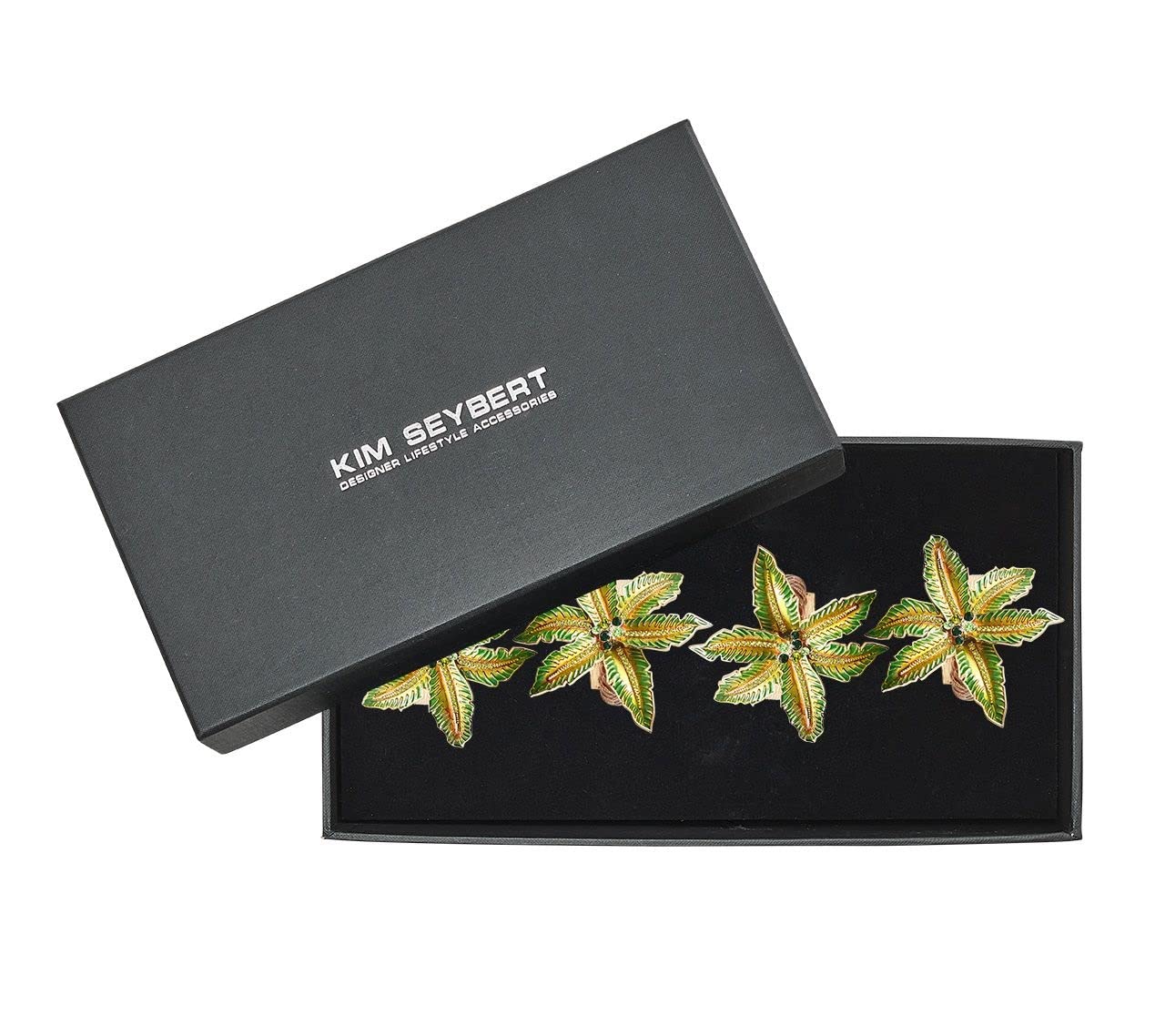 Kim Seybert Palm Coast Green & Gold Napkin Rings - Set of 4, Elegant Table Setting for Dinner Parties & Holiday Decor