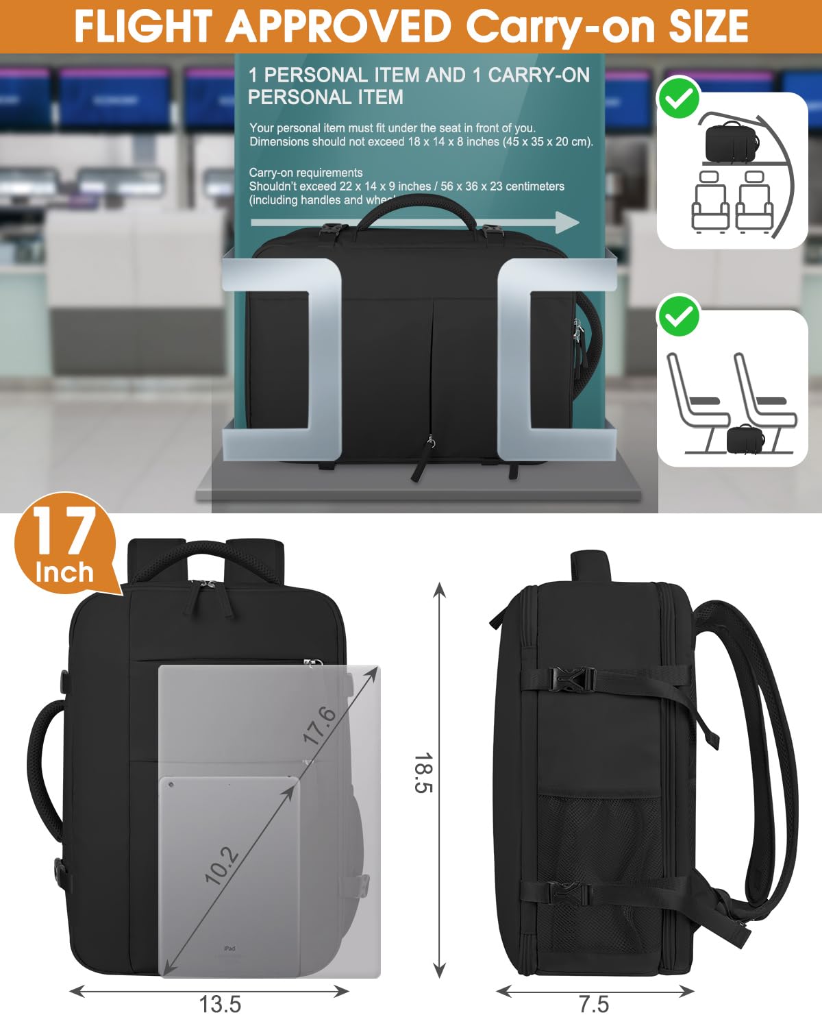 Waterproof Travel Backpack for Women & Men - Airline Approved Carry On Laptop Backpack Fits 17 Inch Computer - Business Work Bookbag with Black Zipper - Perfect for Commuting, Business Trips & Weekend Getaways