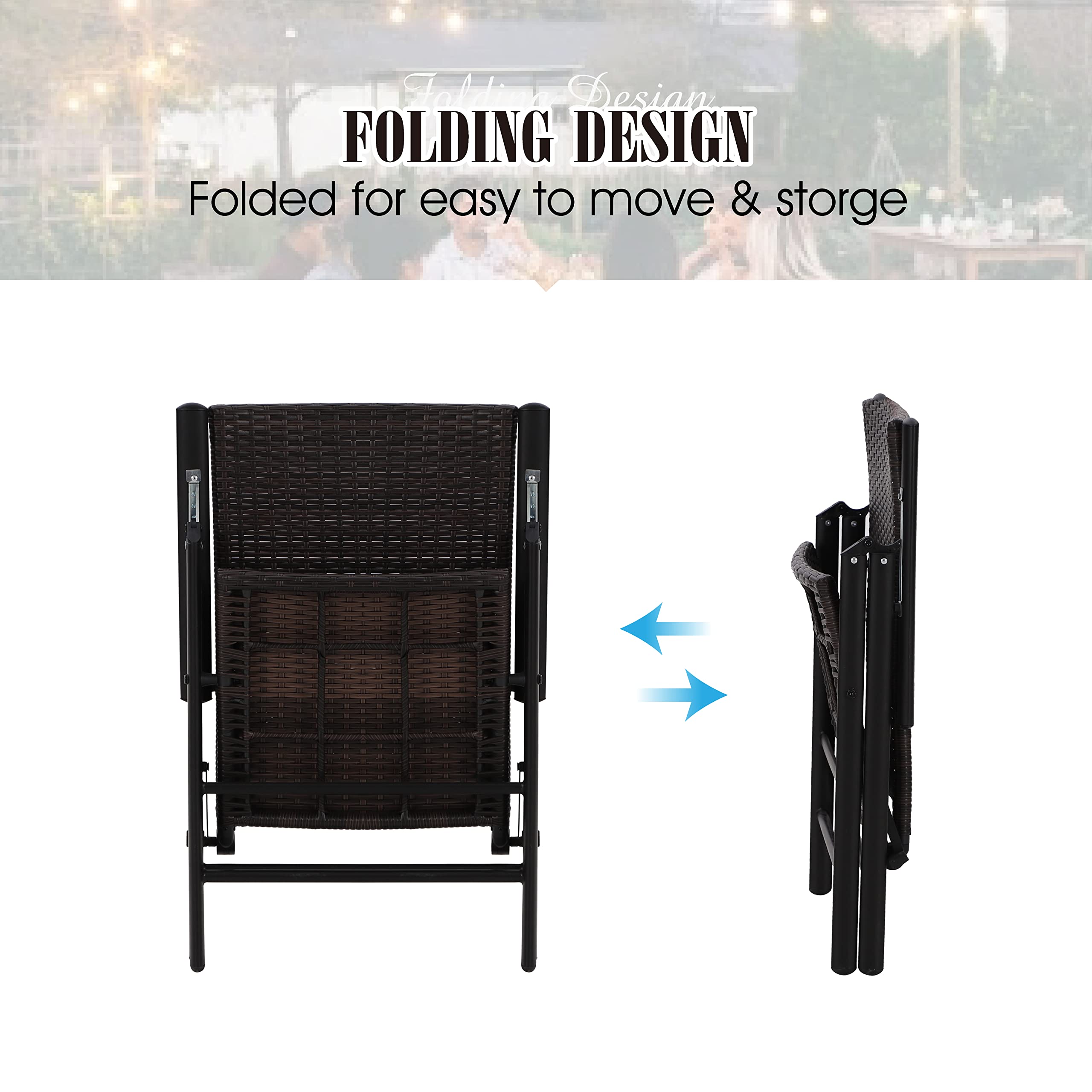 PHI VILLA Outdoor Wicker Dining Chairs Set of 2 - Adjustable Folding Patio Chairs with Cushions, All-Weather Rattan Furniture for Deck, Porch, Poolside, Backyard & Garden - Perfect for Dining, Lounging and Entertaining Guests