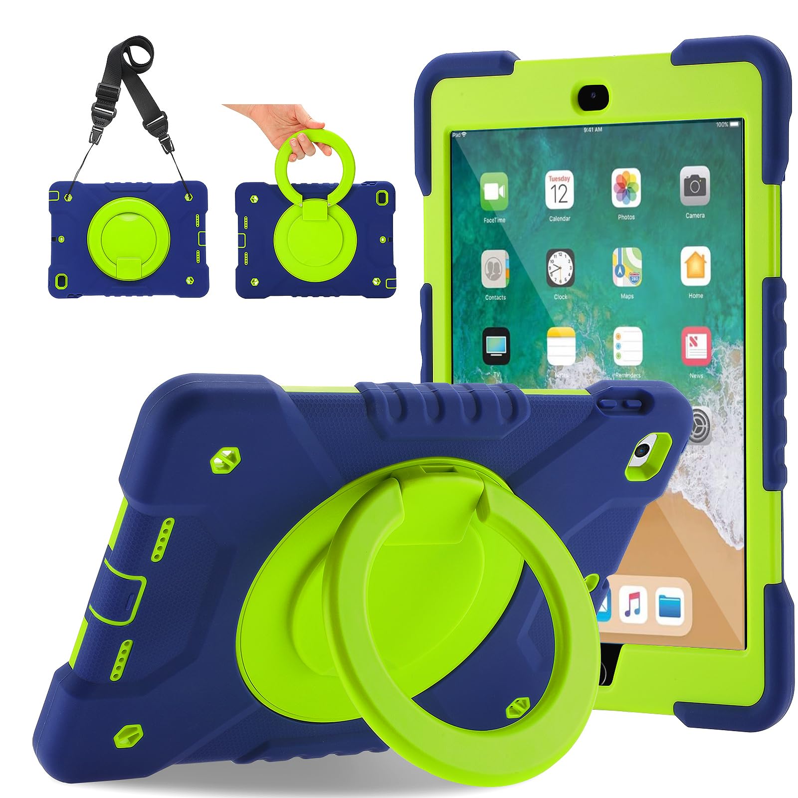 Heavy Duty iPad 6th/5th Generation 9.7 inch Case (2018/2017) & iPad Air 2/Pro 9.7 inch Protective Cover with Pencil Holder - 360° Rotating Handle Stand & Shoulder Strap (Navy+Green) | Perfect for Work, Travel & School Use