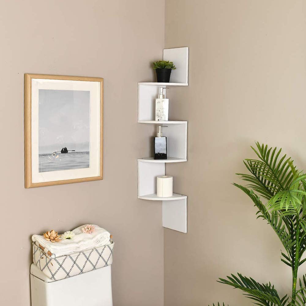 WELLAND White Floating Shelf - 4 Tier Zig Zag Corner Wall Mounted Shelf for Bathroom, Kitchen, Living Room & Bedroom Storage