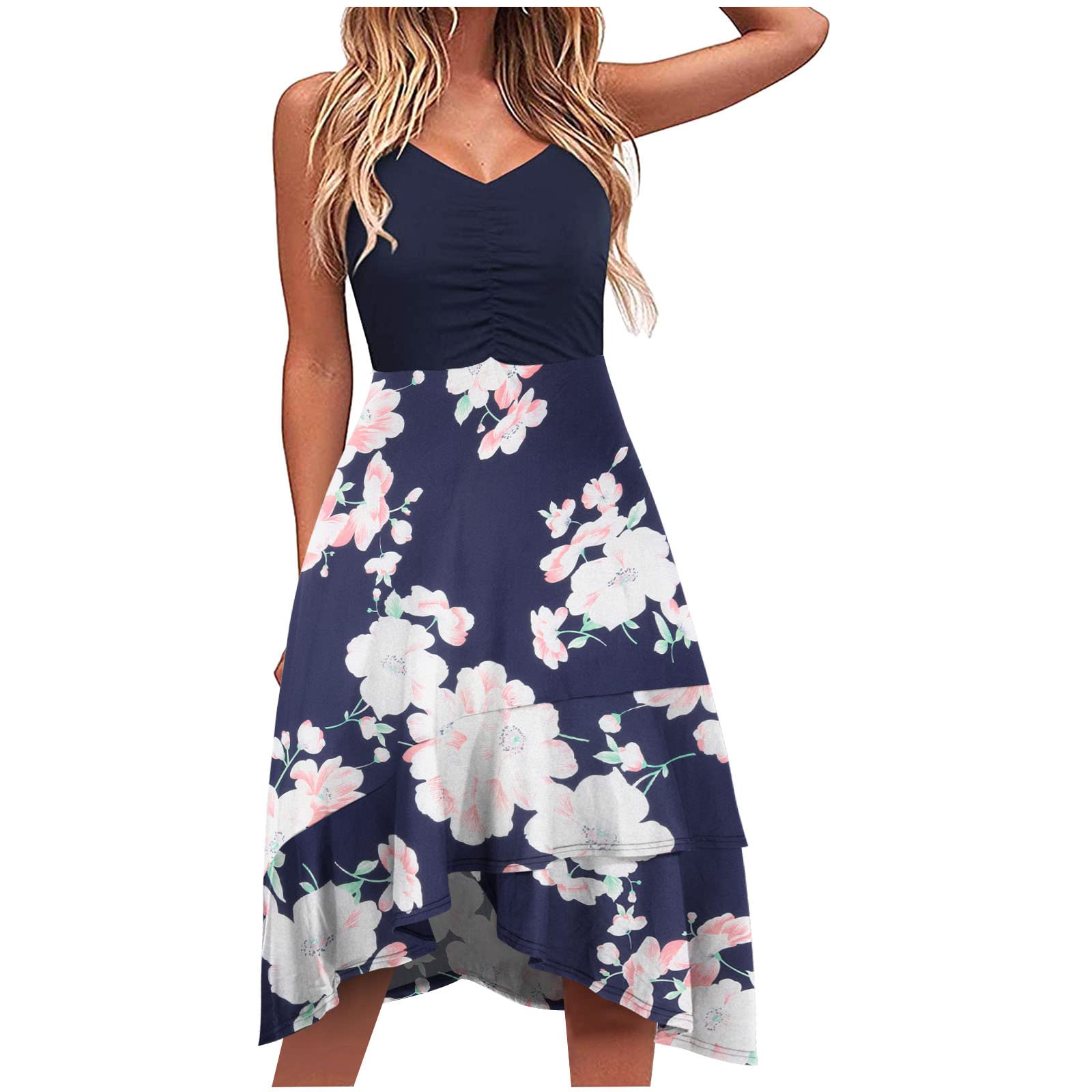 Women's Summer Dresses 2022 - Floral Print V-Neck Sleeveless Casual Beach Dress, Knee Length Split Evening Gown for Vacation, Party & Outdoor Activities